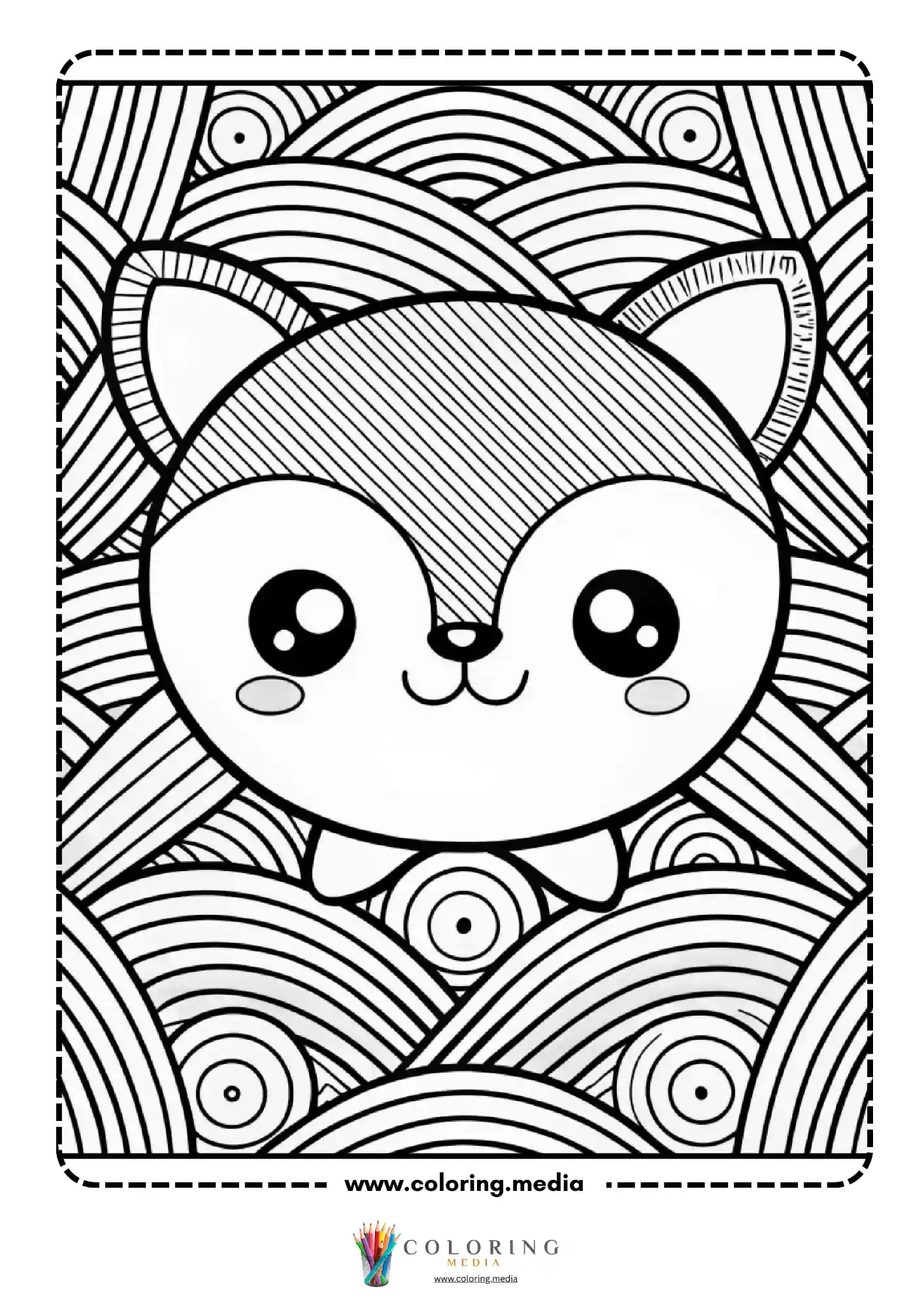 Kawaii cat face with diagonal stripe mandala background