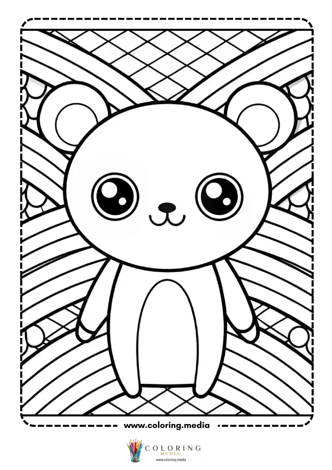 Cute round kawaii bear standing on geometric background