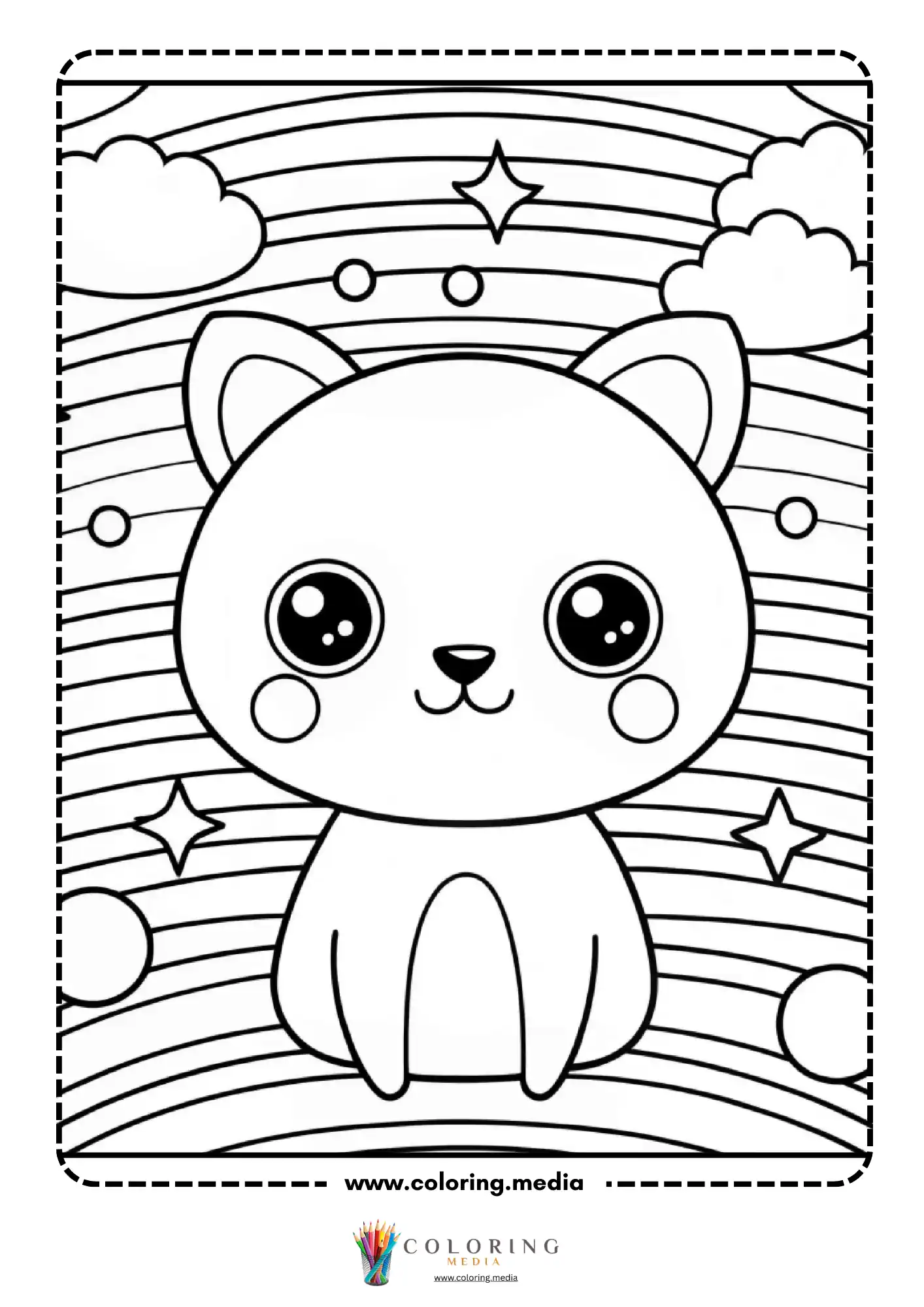 Kawaii cat sitting with rainbow and stars background