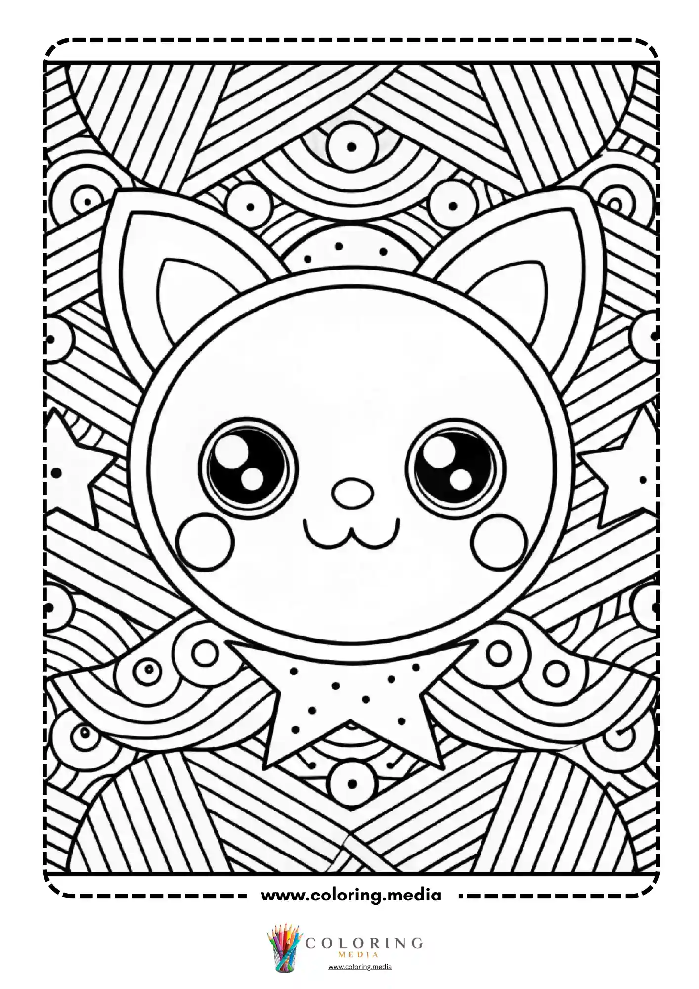 Kawaii cat face with bow tie on zigzag pattern background