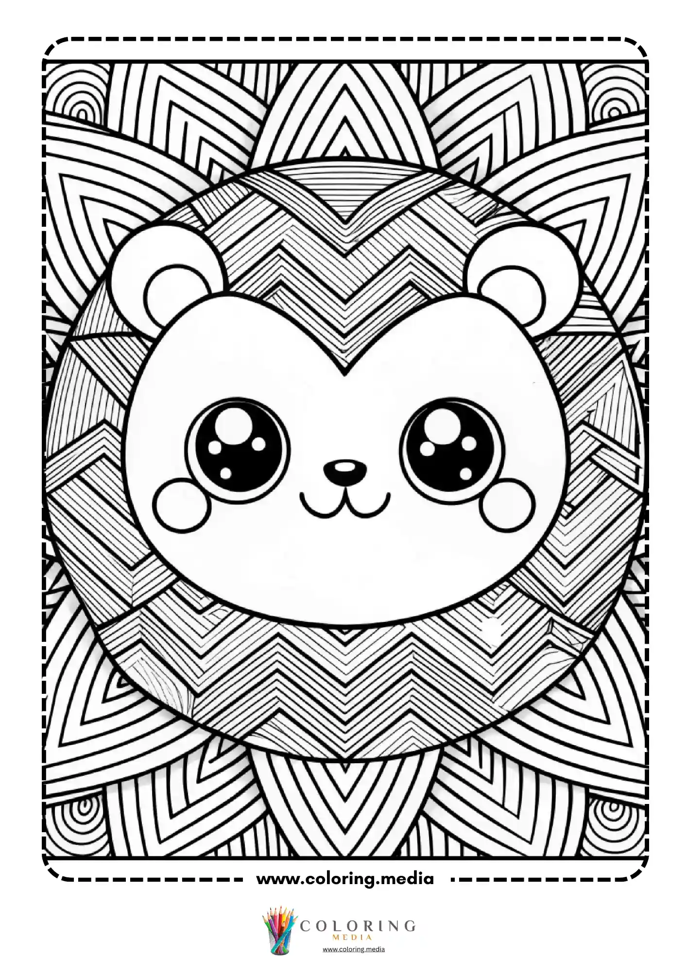 Kawaii bear face with chevron zigzag pattern background