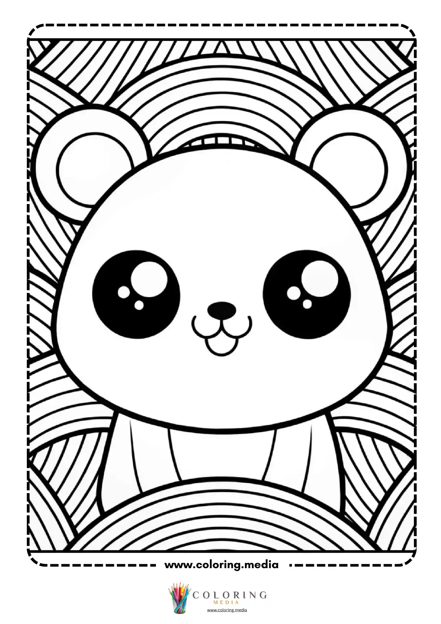 Kawaii panda face with wave arc rainbow background