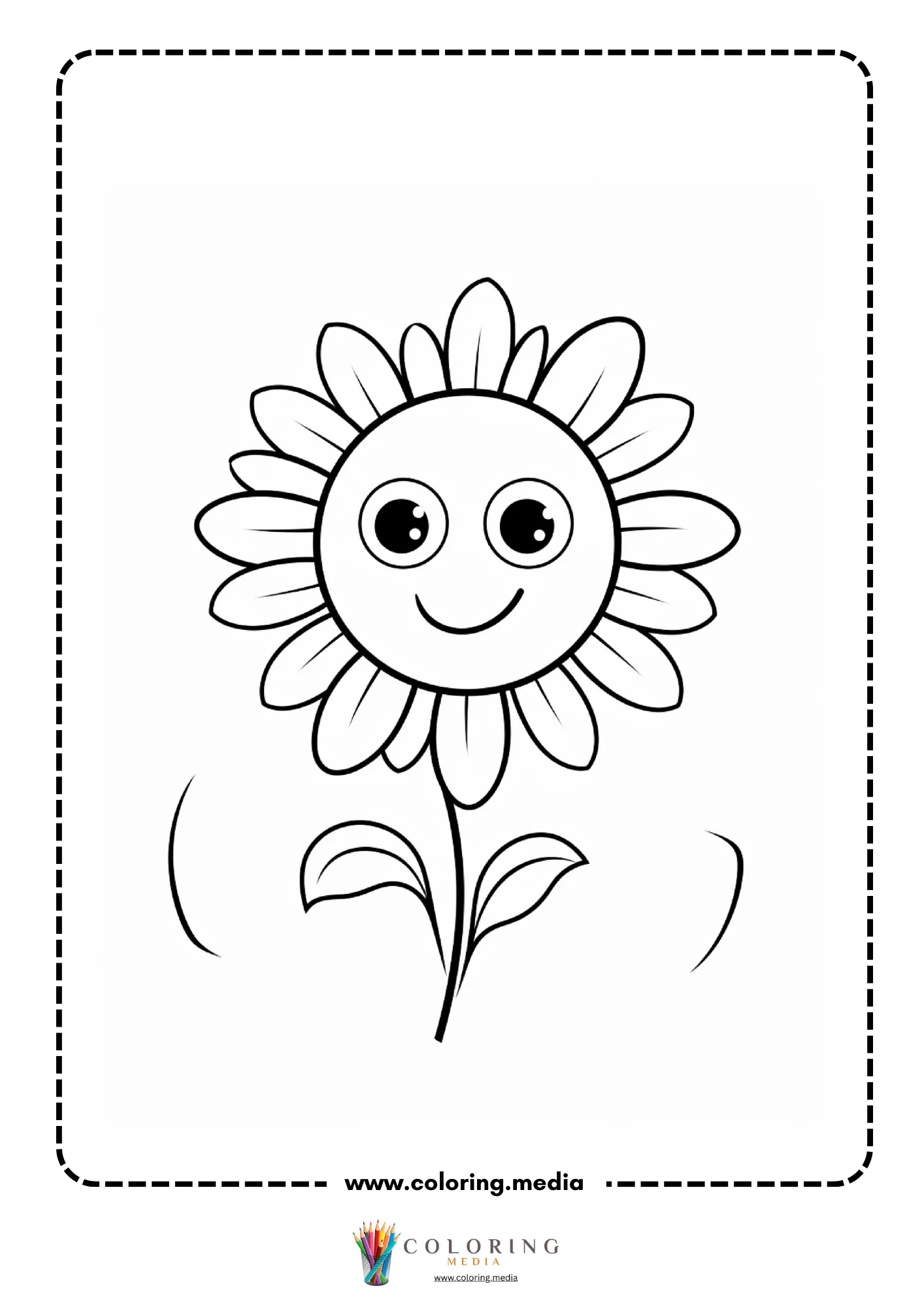 Smiling sunflower with large round face and two leaves
