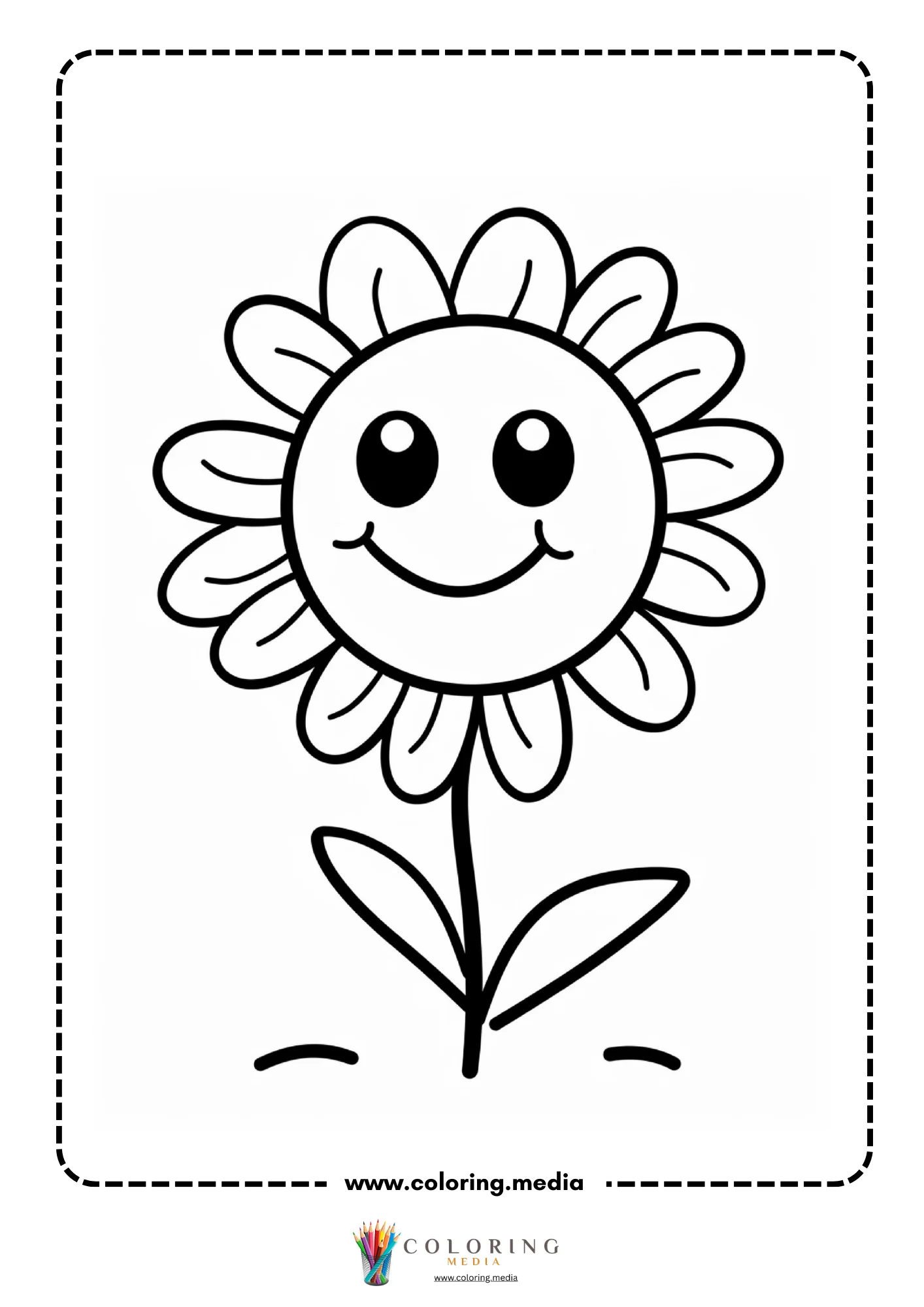 Smiling sunflower with round face and two leaves on stem