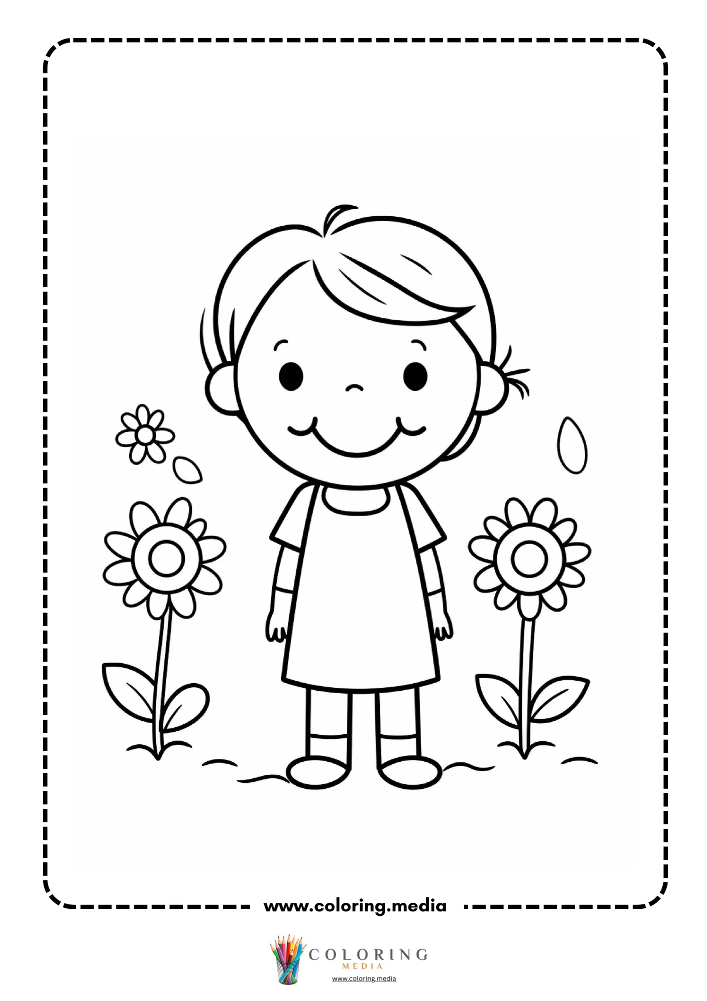 Smiling girl standing between two sunflowers in garden