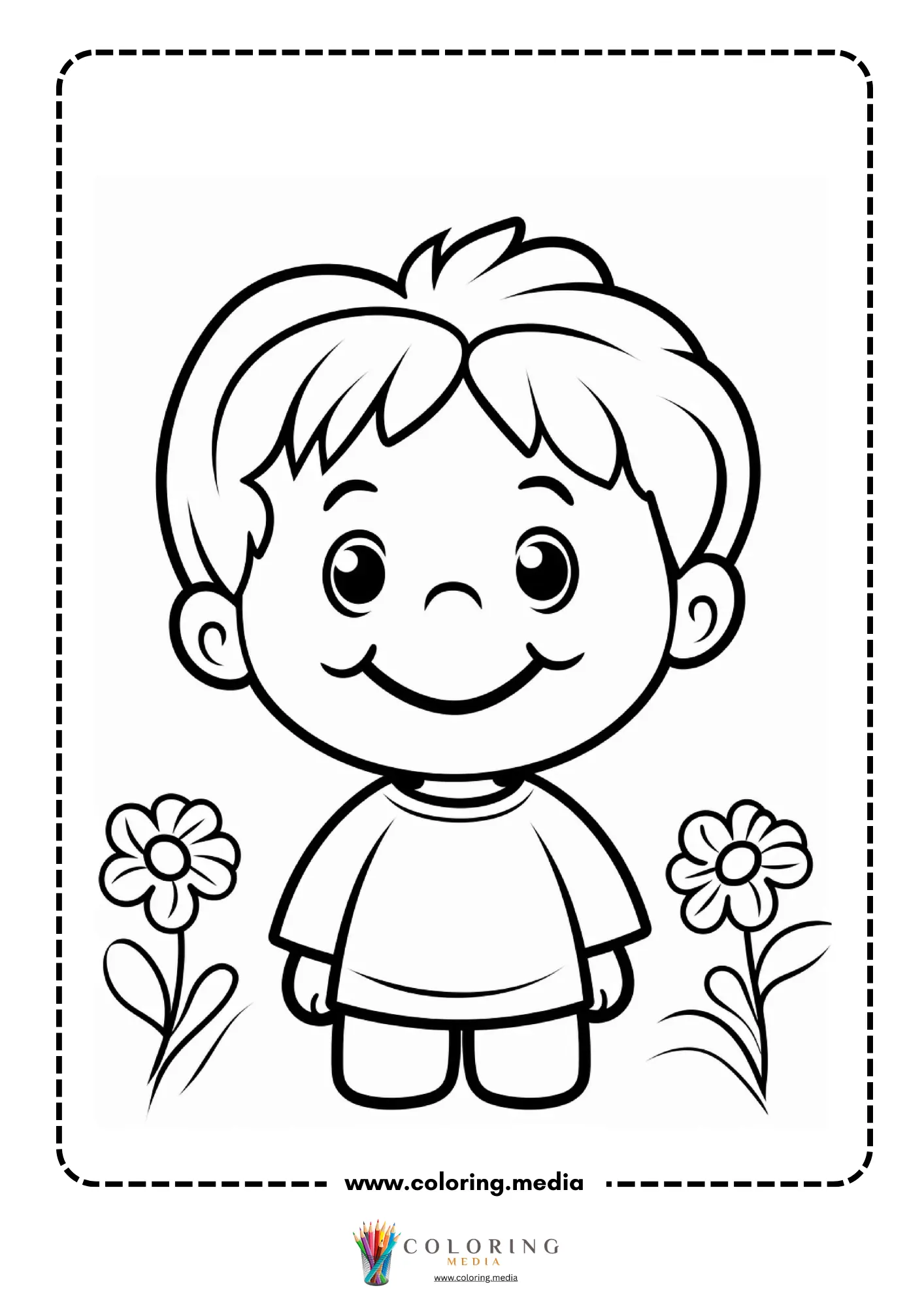 Smiling boy standing between two small daisies