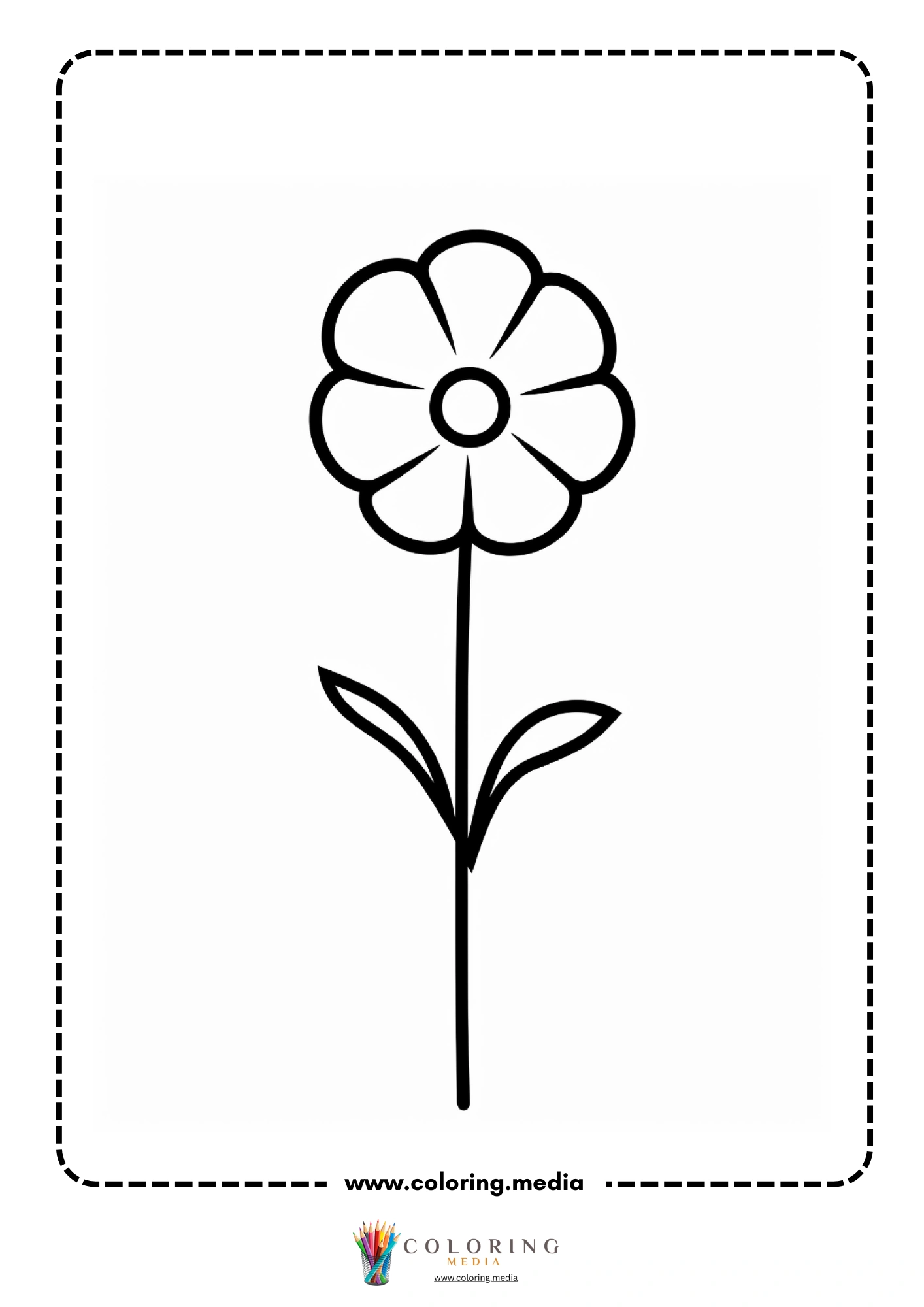 Simple round eight-petal flower on tall stem with leaves