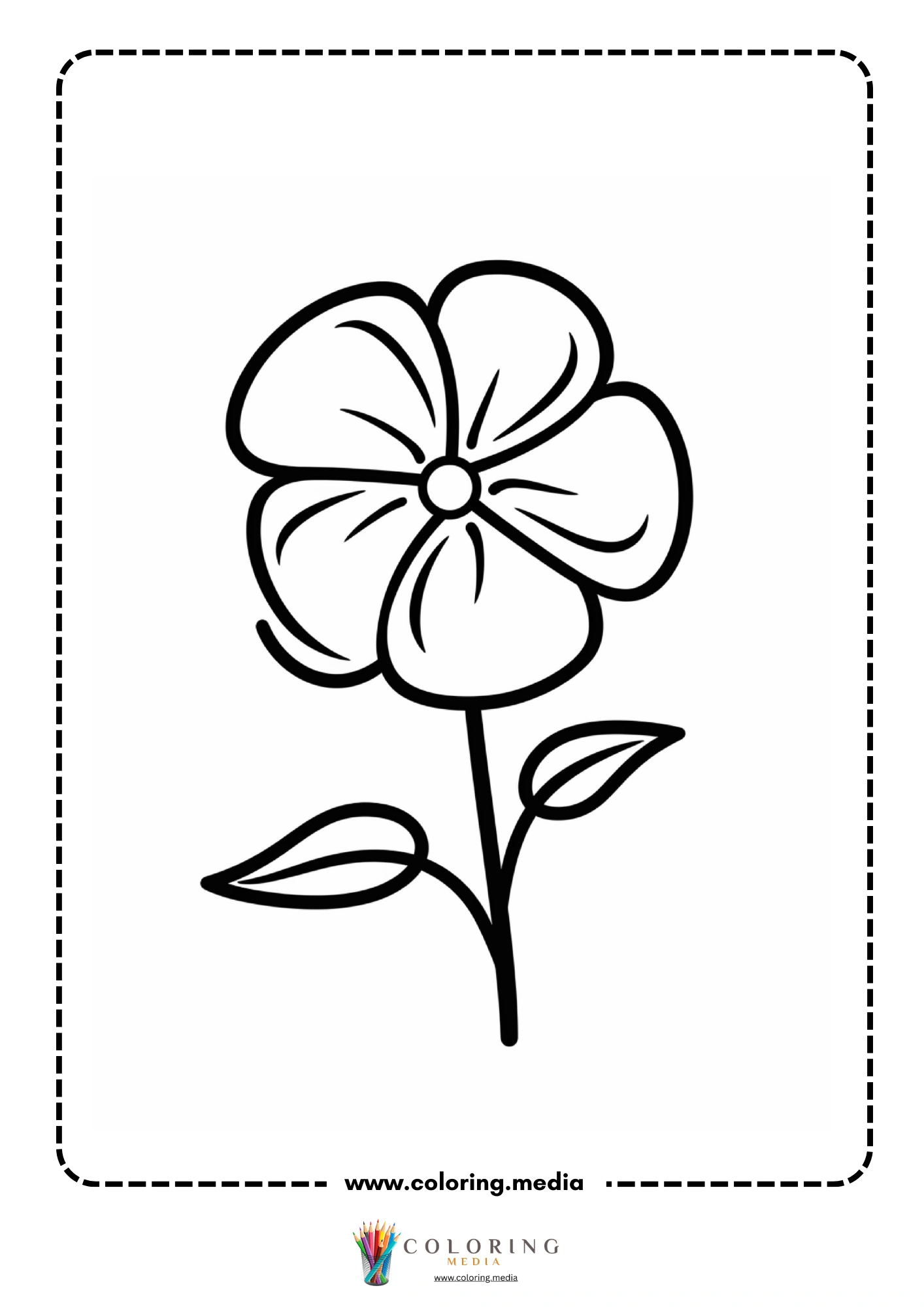Pansy flower with five large rounded petals and stem