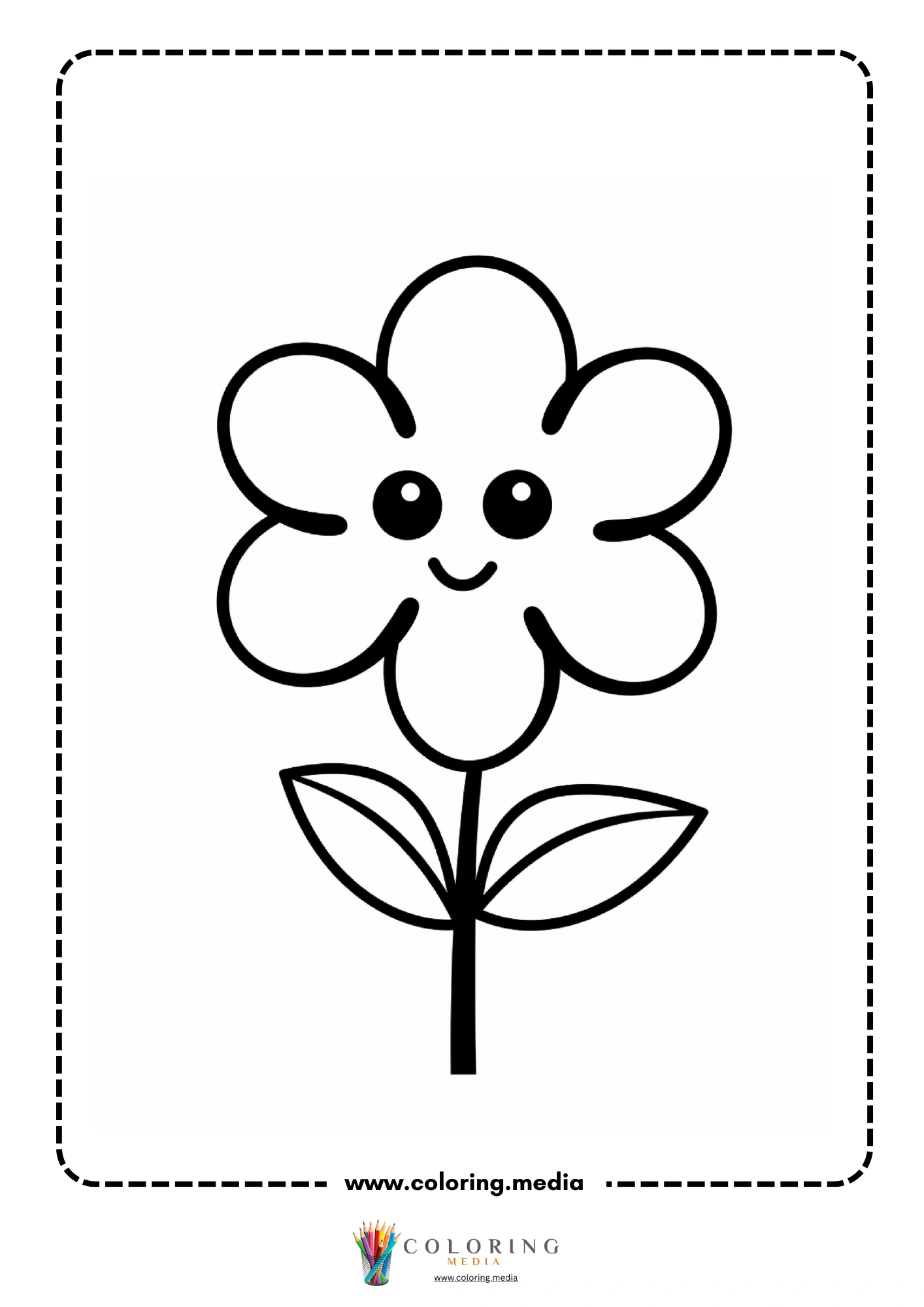 Smiling five-petal rounded flower with two large leaves