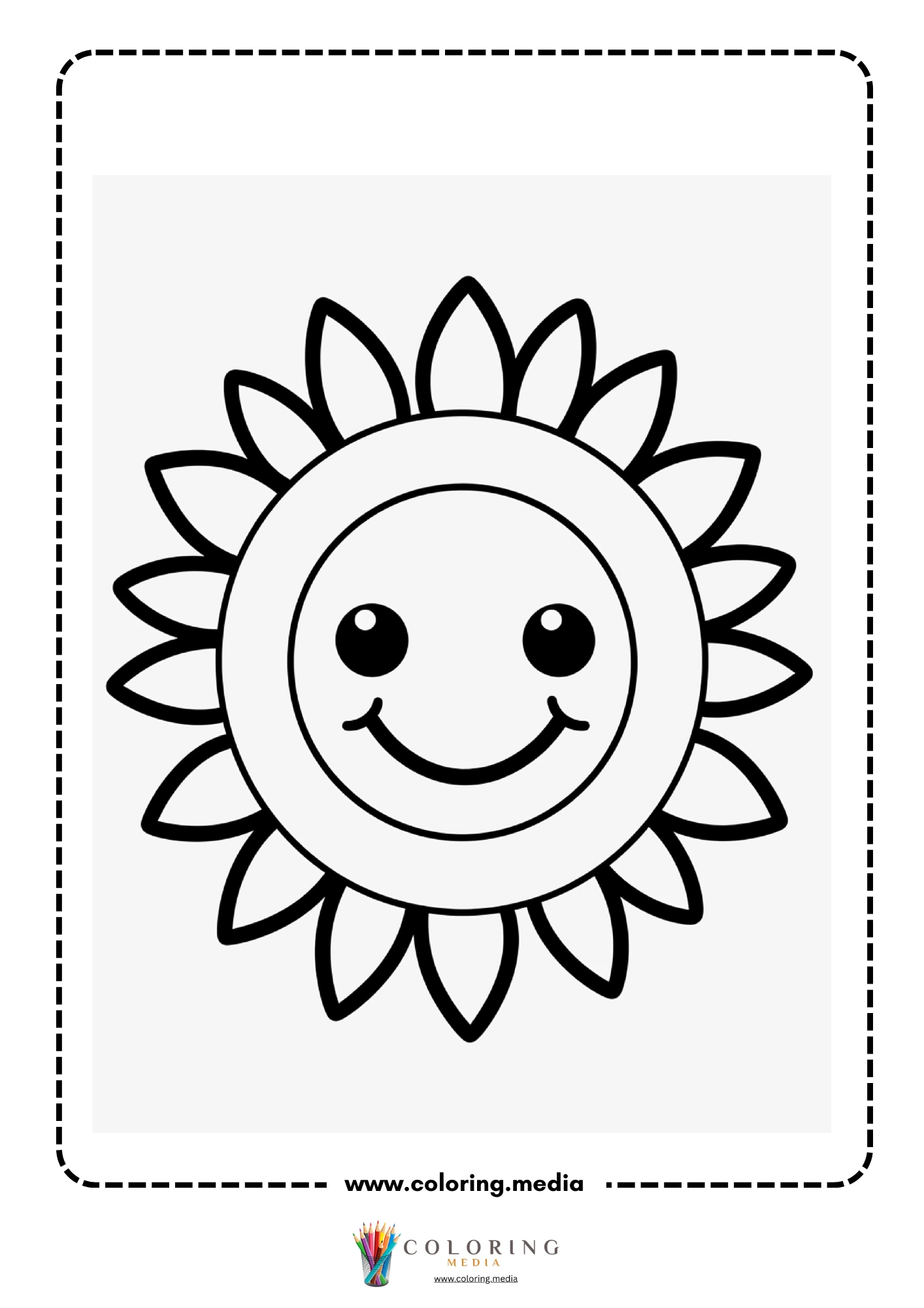 Smiling sunflower face with pointed petals on gray background