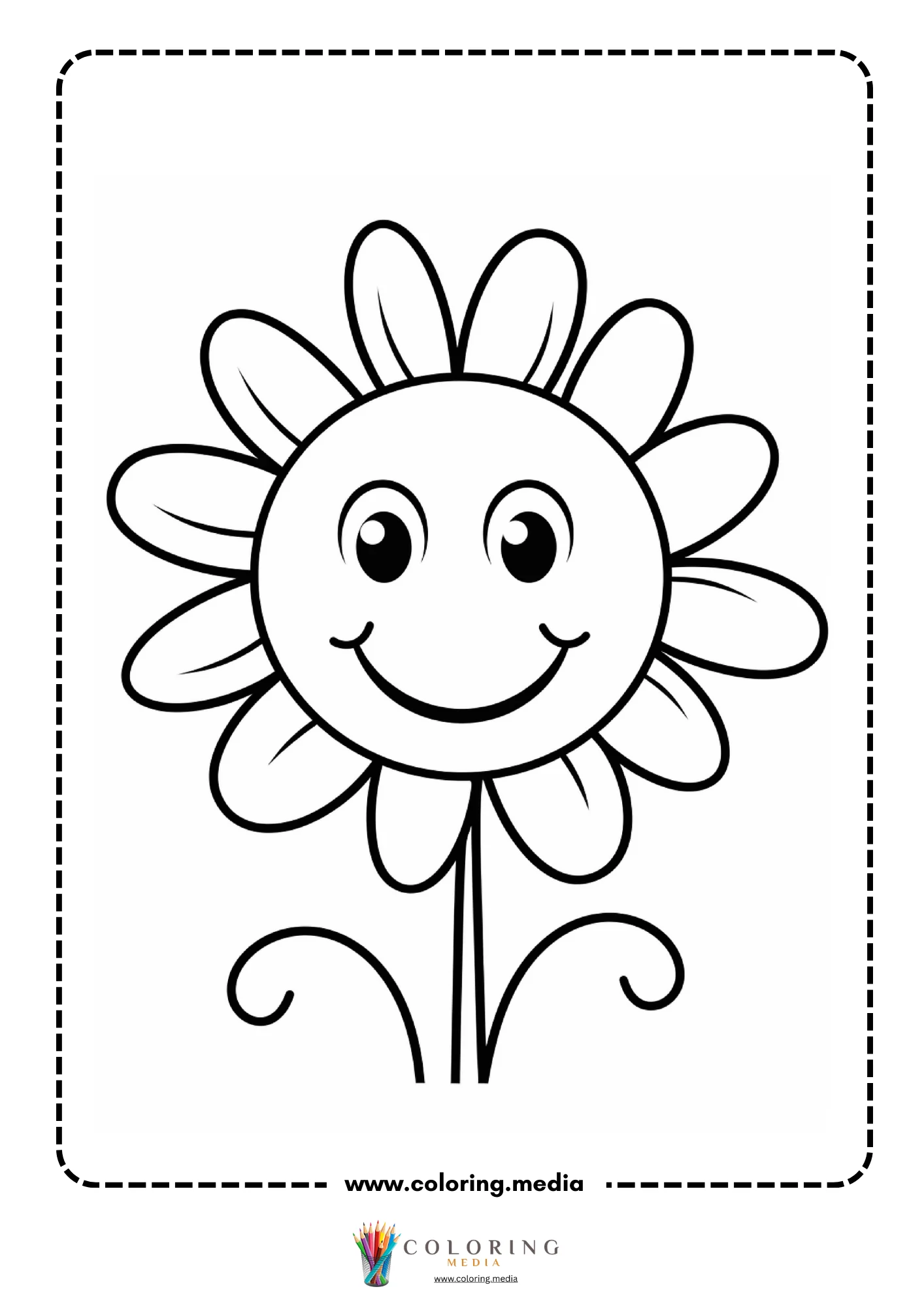 Smiling daisy flower with curly leaf tendrils on stem