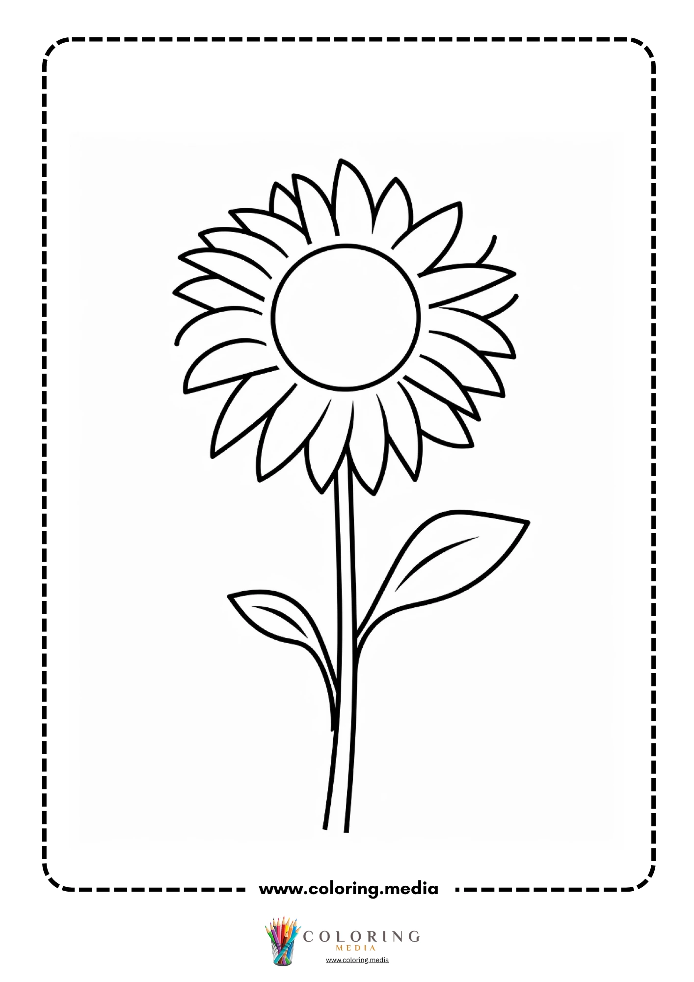 Simple sunflower with pointed petals on tall stem with leaves