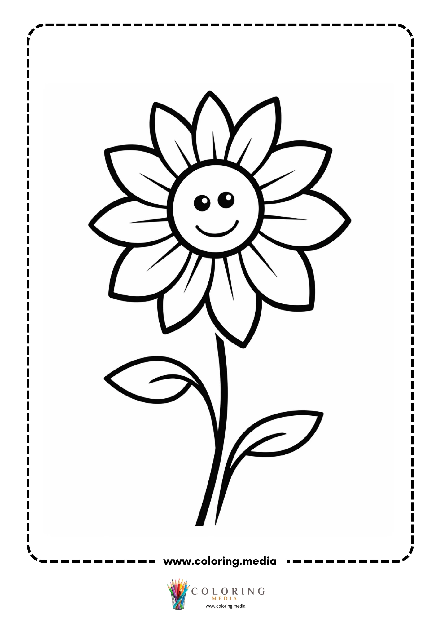 Smiling sunflower with pointed petals on stem with leaves