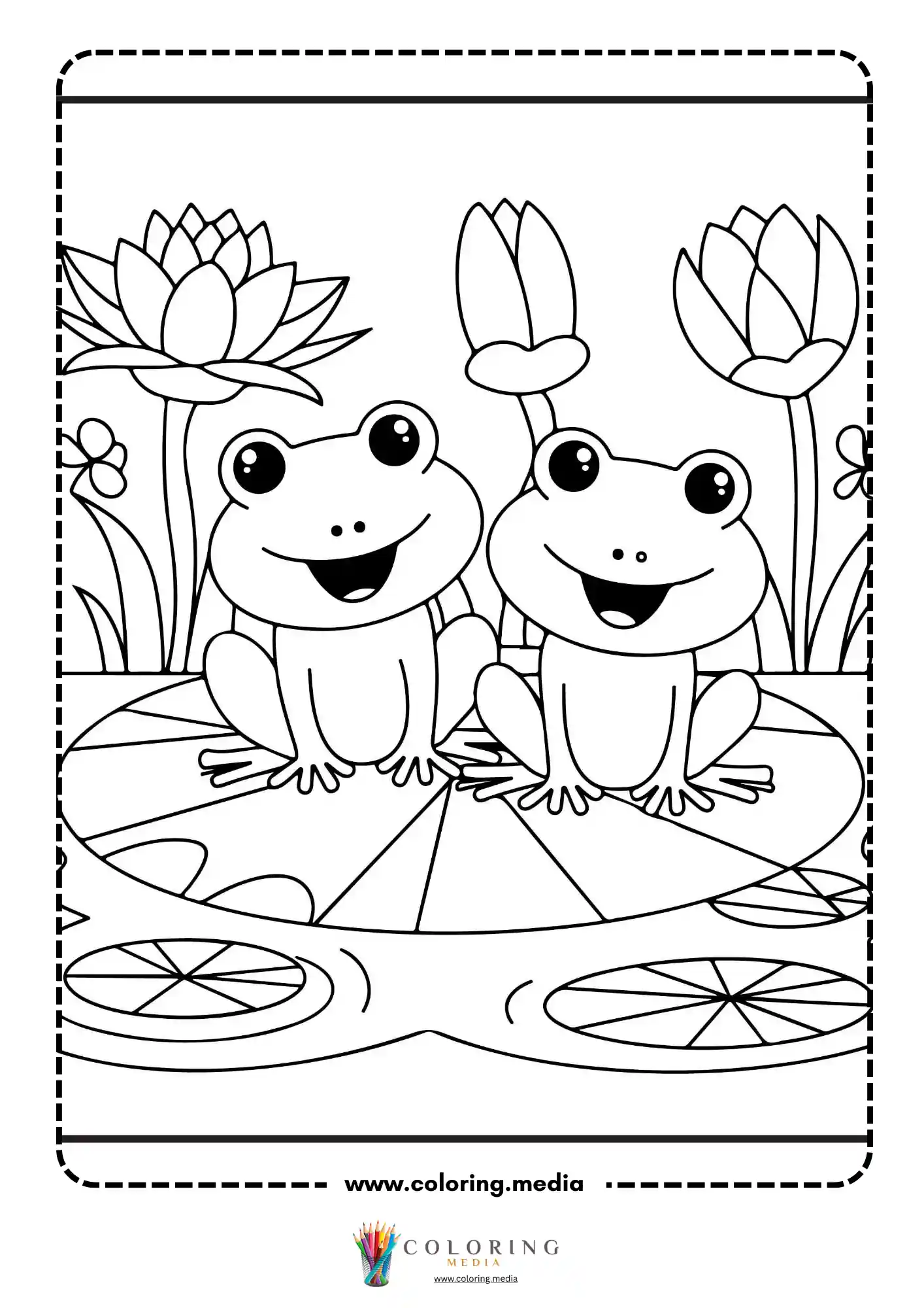 Two frogs sitting on lily pads with water lilies