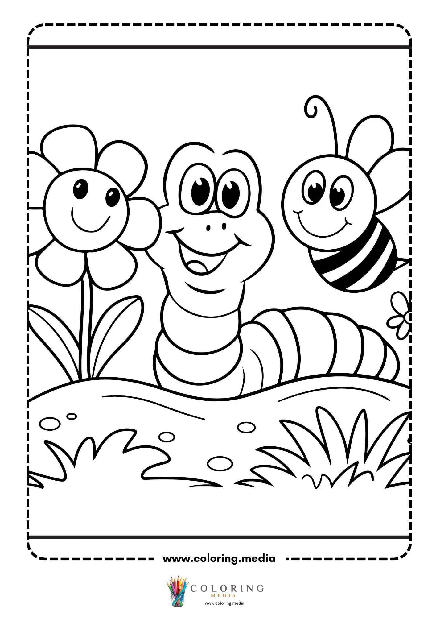 Smiling worm and bee next to a happy flower in garden