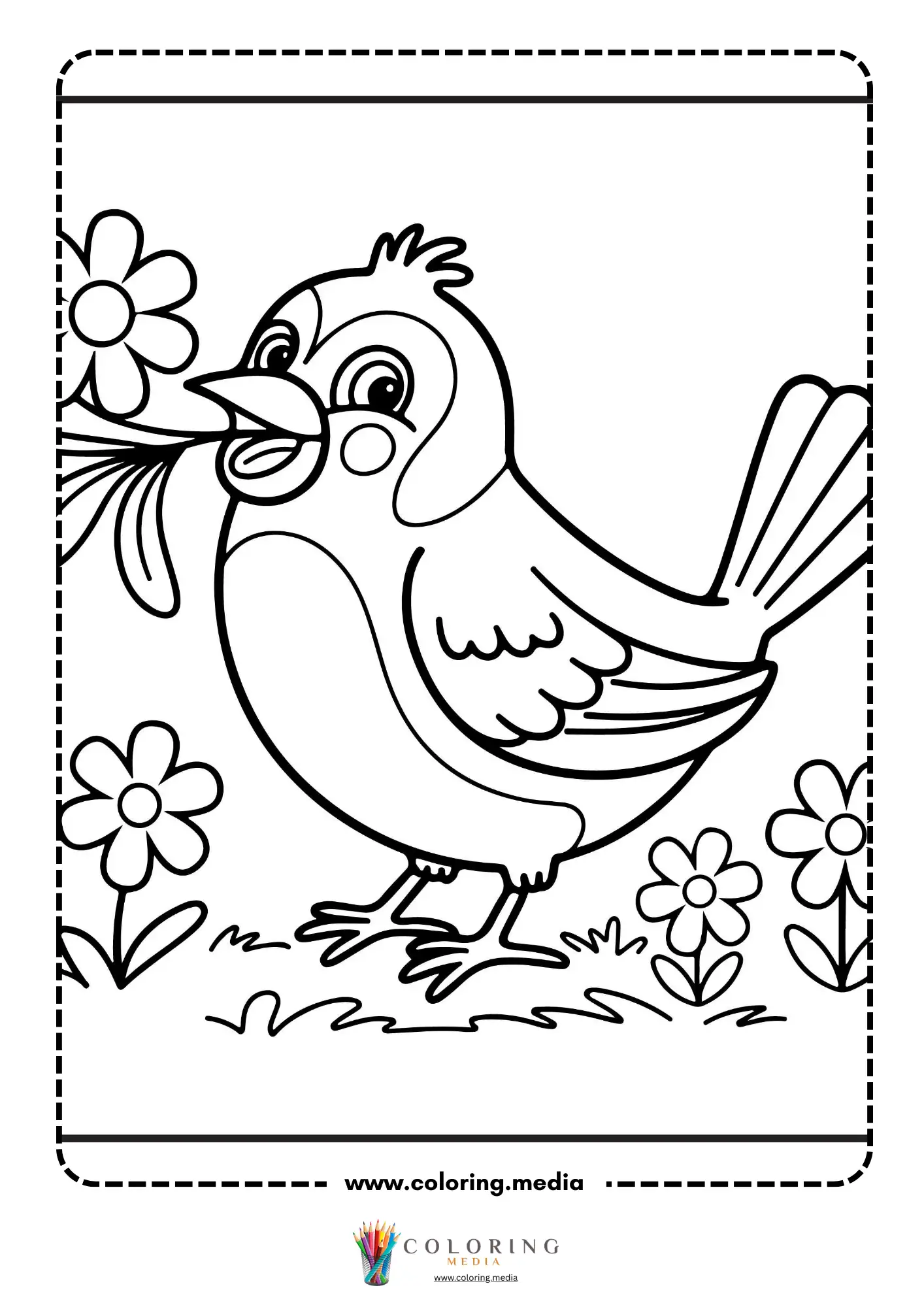 Bird holding flower in beak among garden daisies