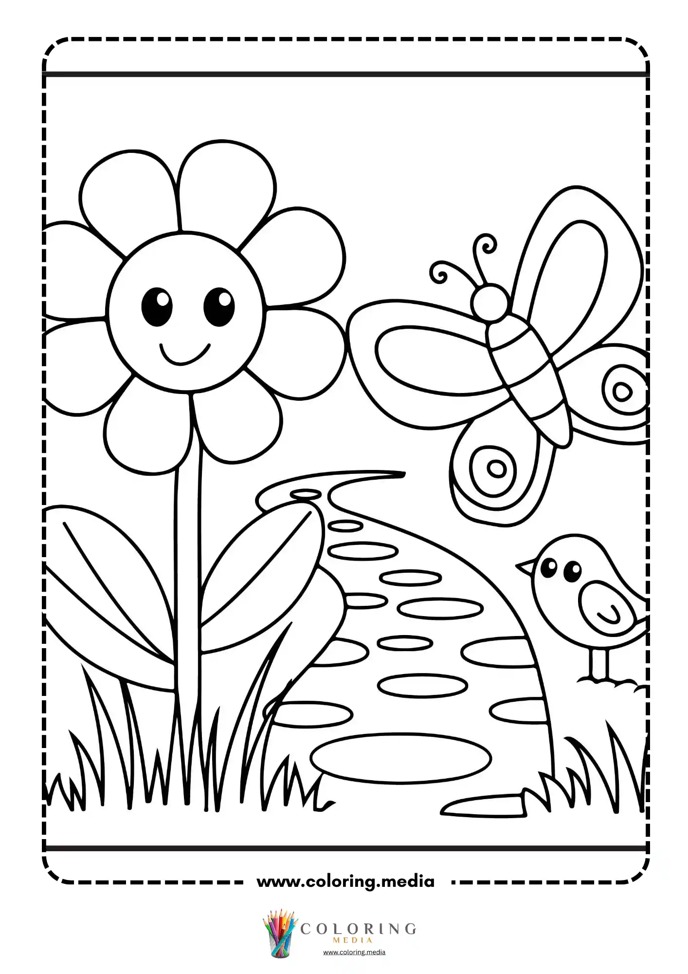 Smiling flower with butterfly and bird near garden path