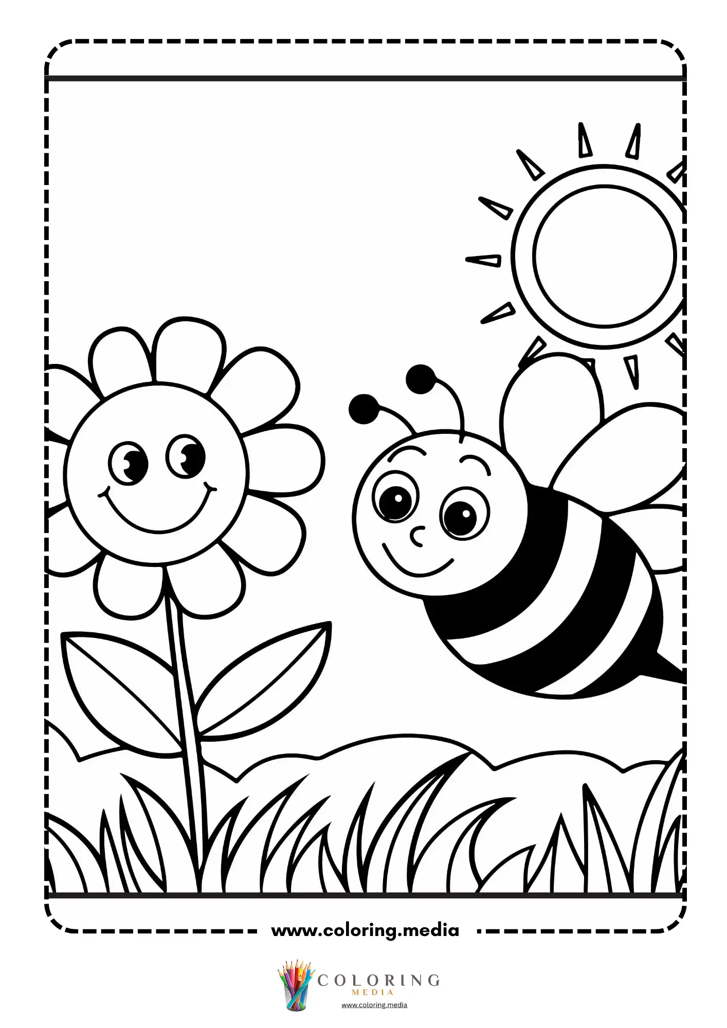 Smiling bee flying toward smiling flower with sun above