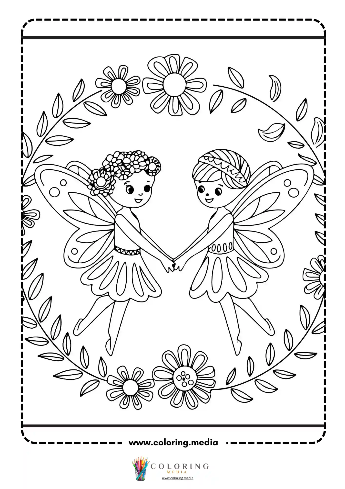 Two garden fairies holding hands inside flower wreath