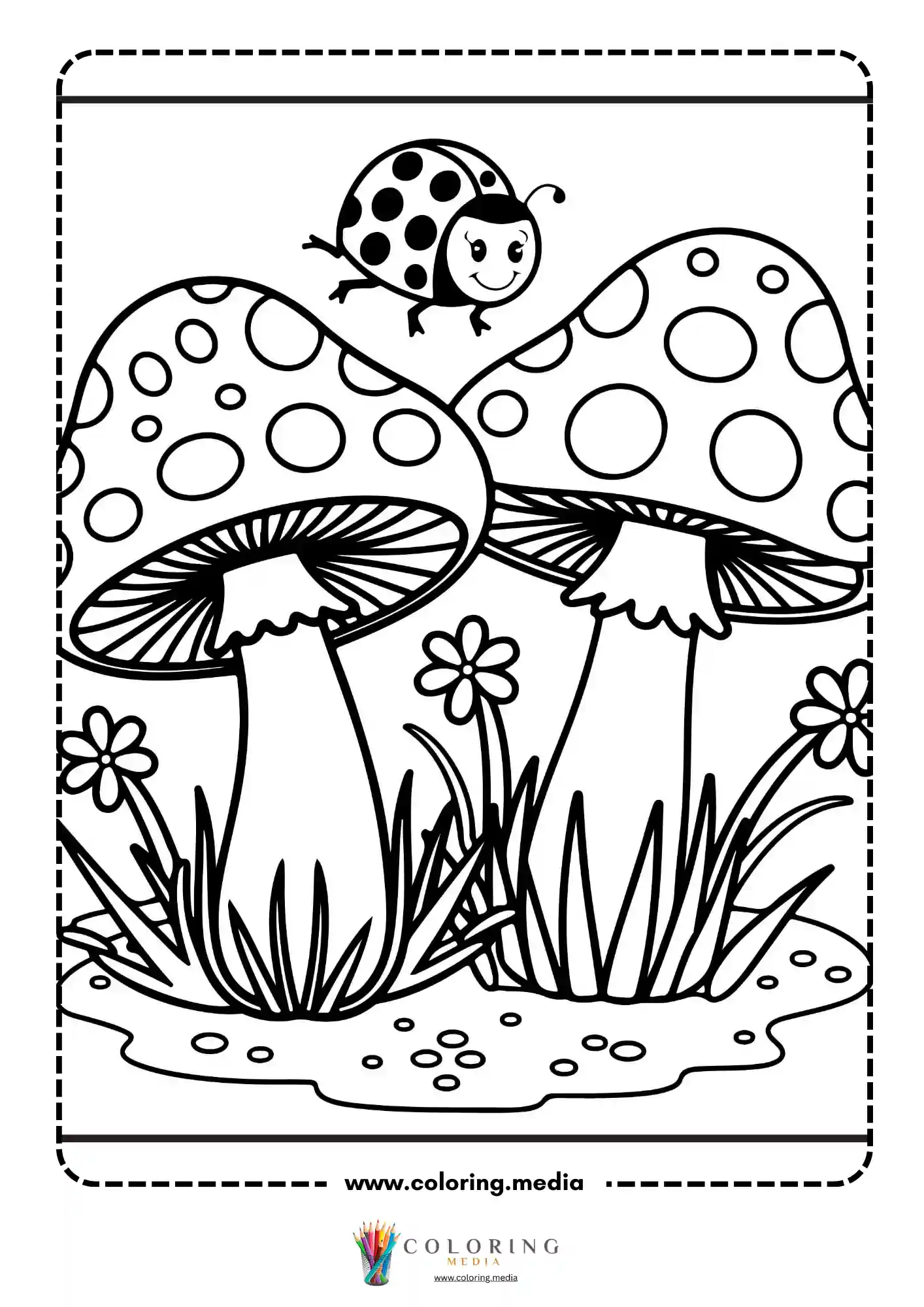 Ladybug flying over two spotted mushrooms in garden