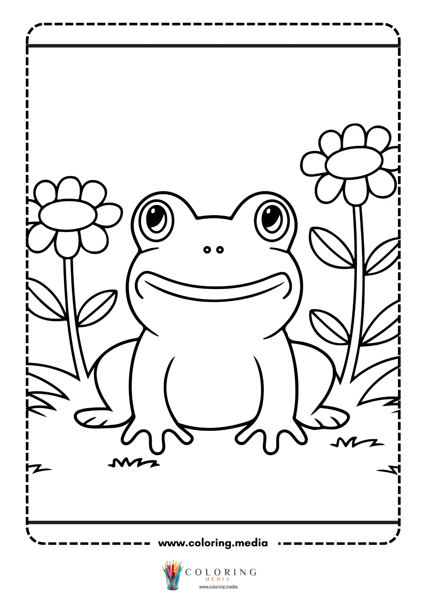 Smiling frog sitting between two flowers in garden