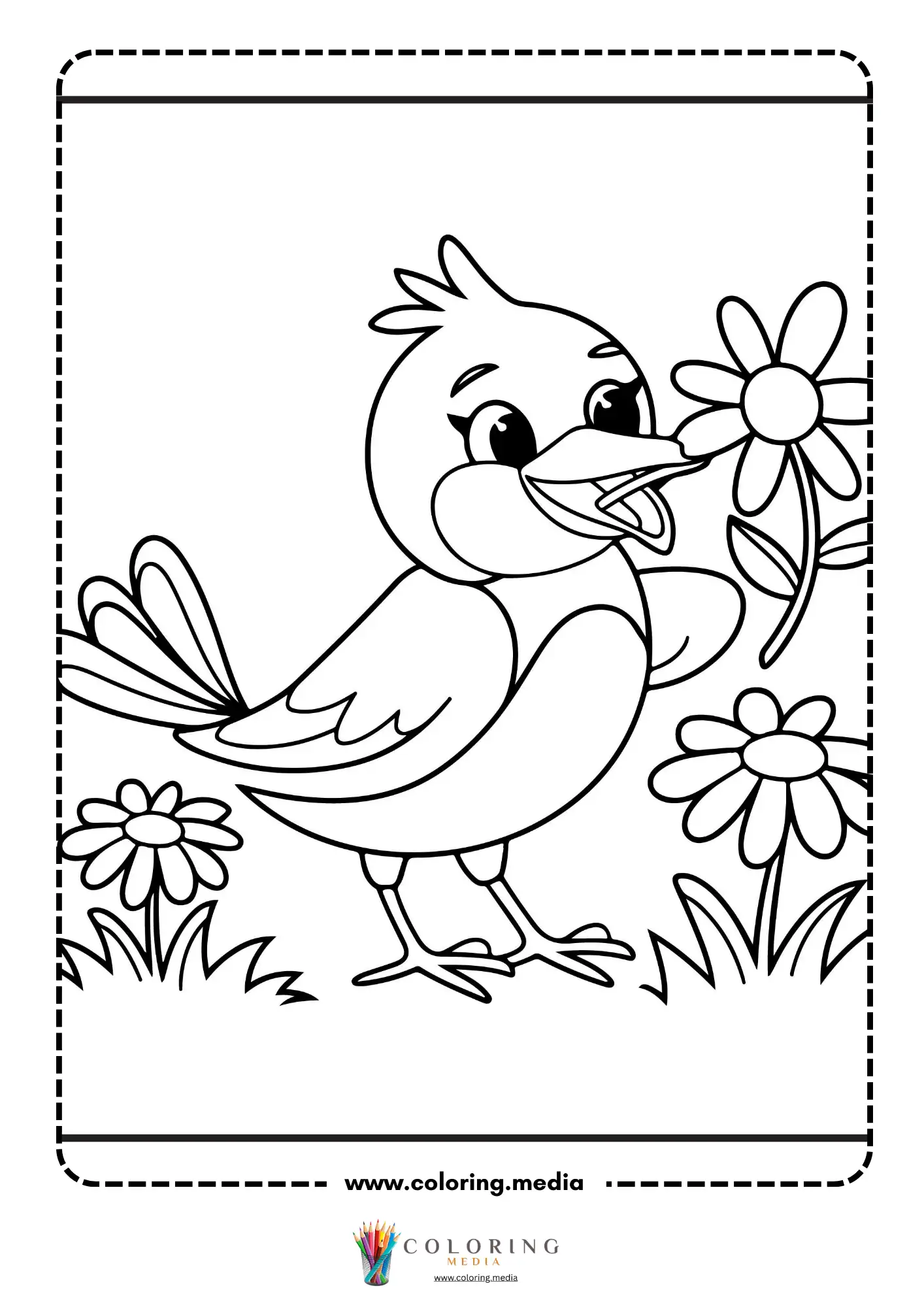 Cute bird holding a daisy in its beak among flowers