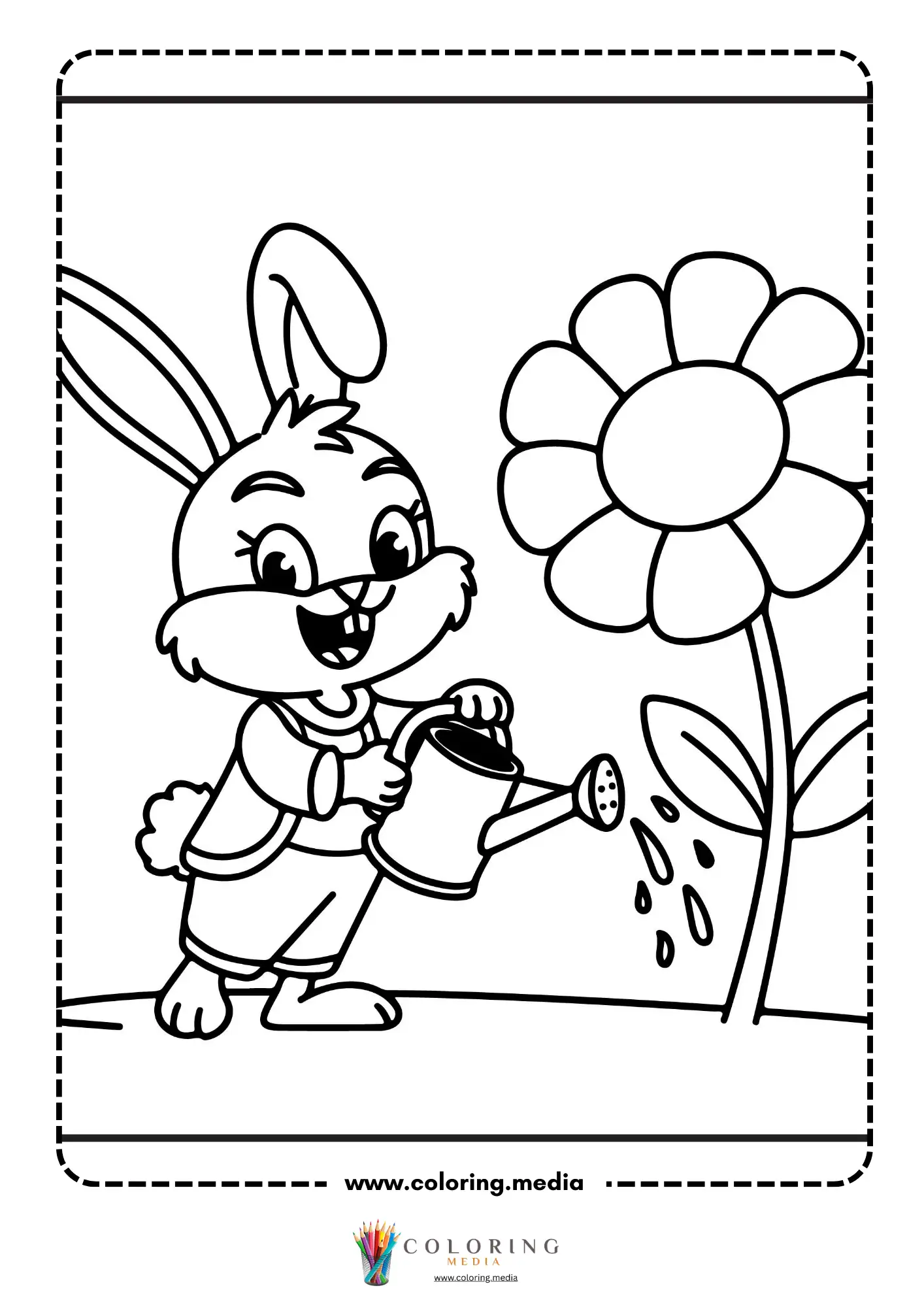 Bunny watering a large flower with a watering can