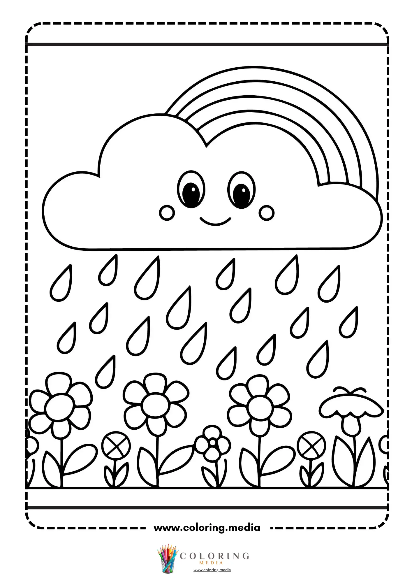 Smiling rain cloud with rainbow raining on garden flowers