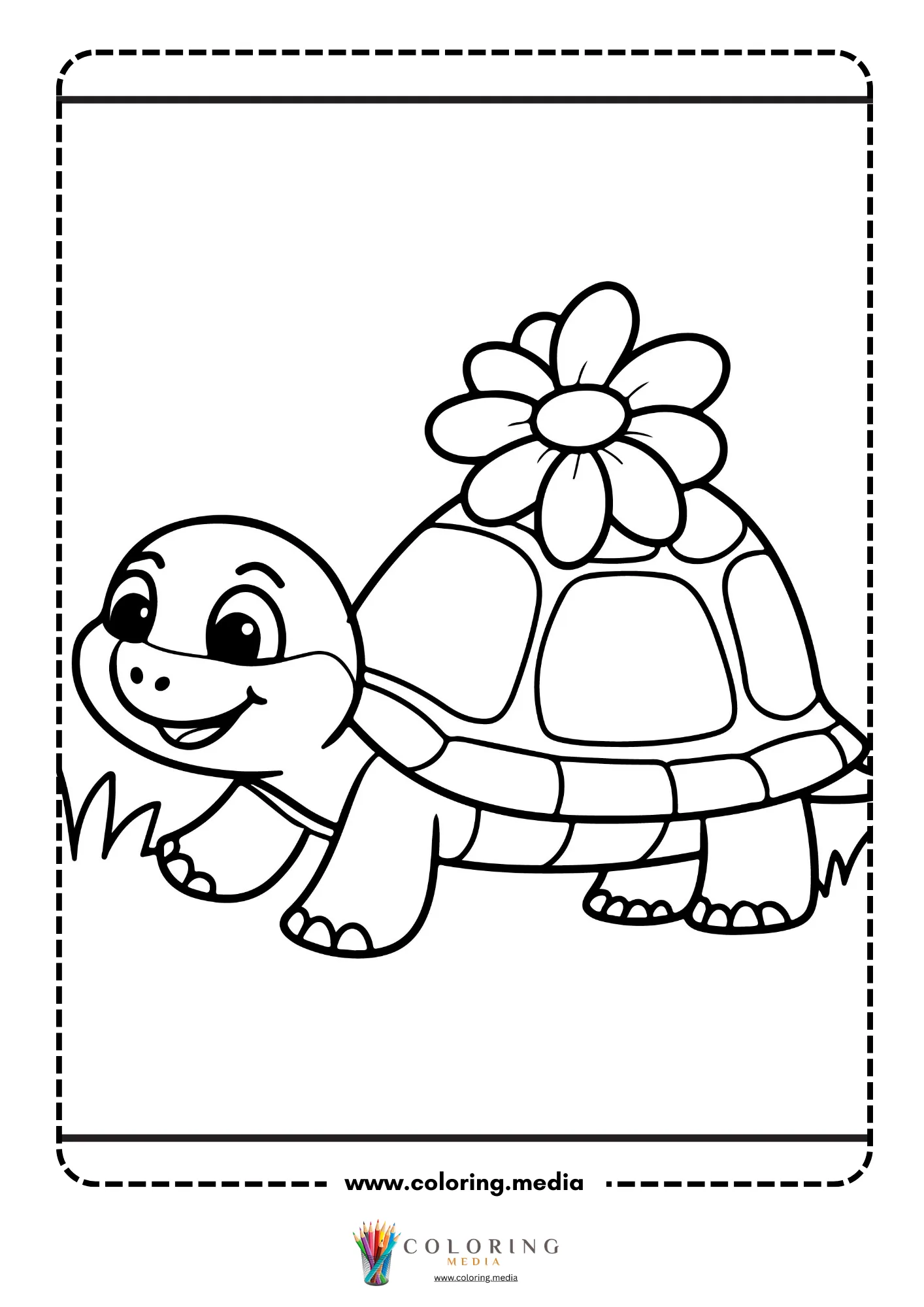 Smiling turtle walking with large flower on its shell