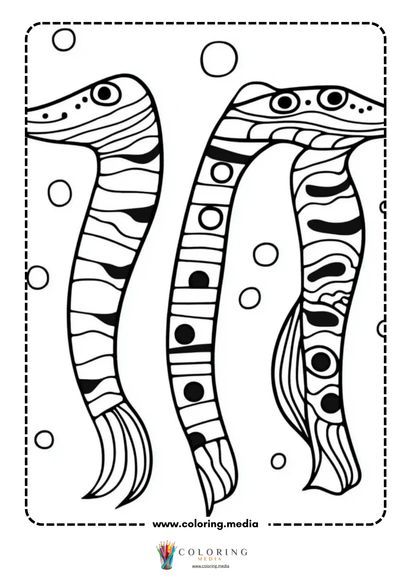 Three patterned sea eels swimming upward with bubbles