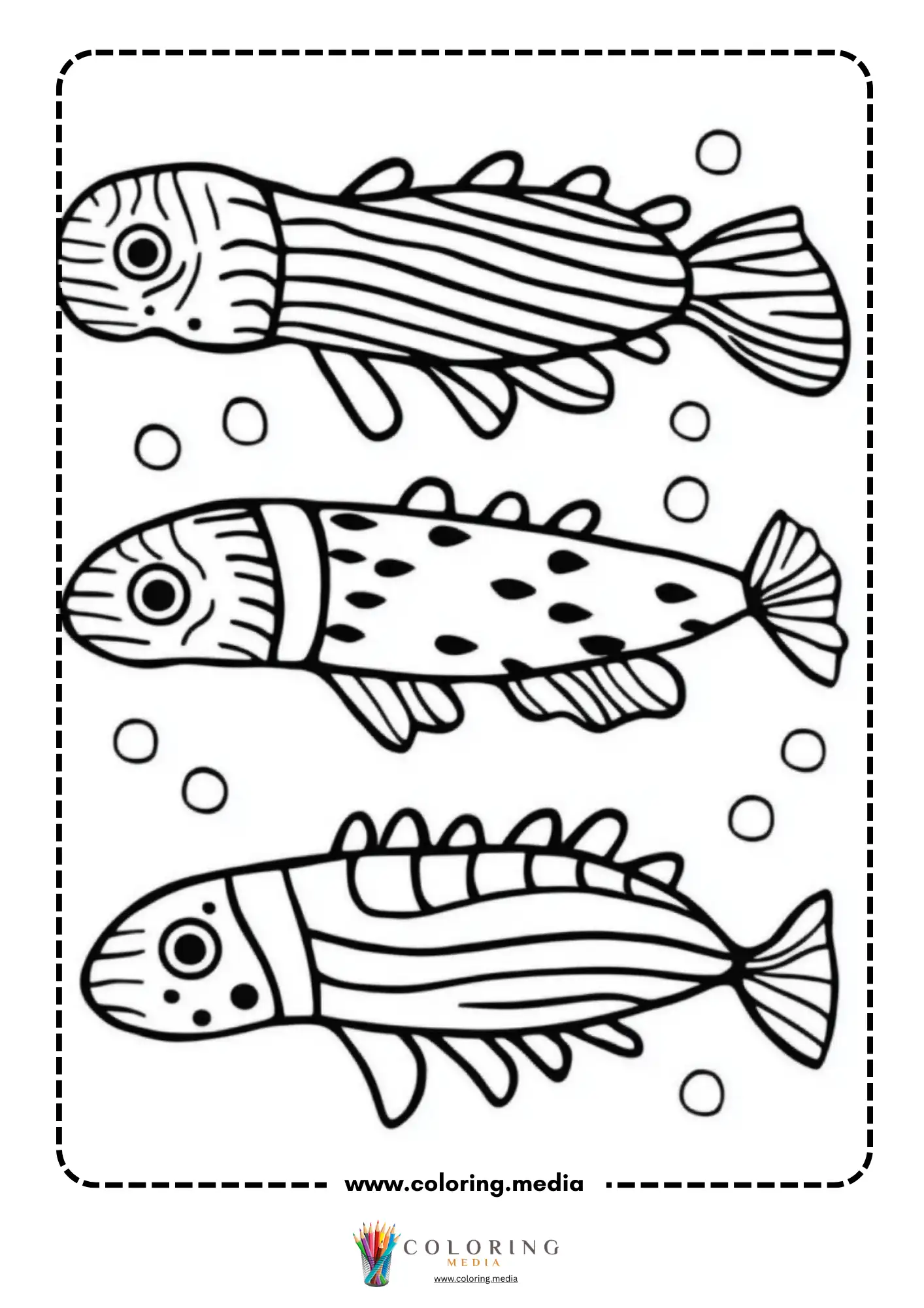Three long striped and spotted fish swimming with bubbles