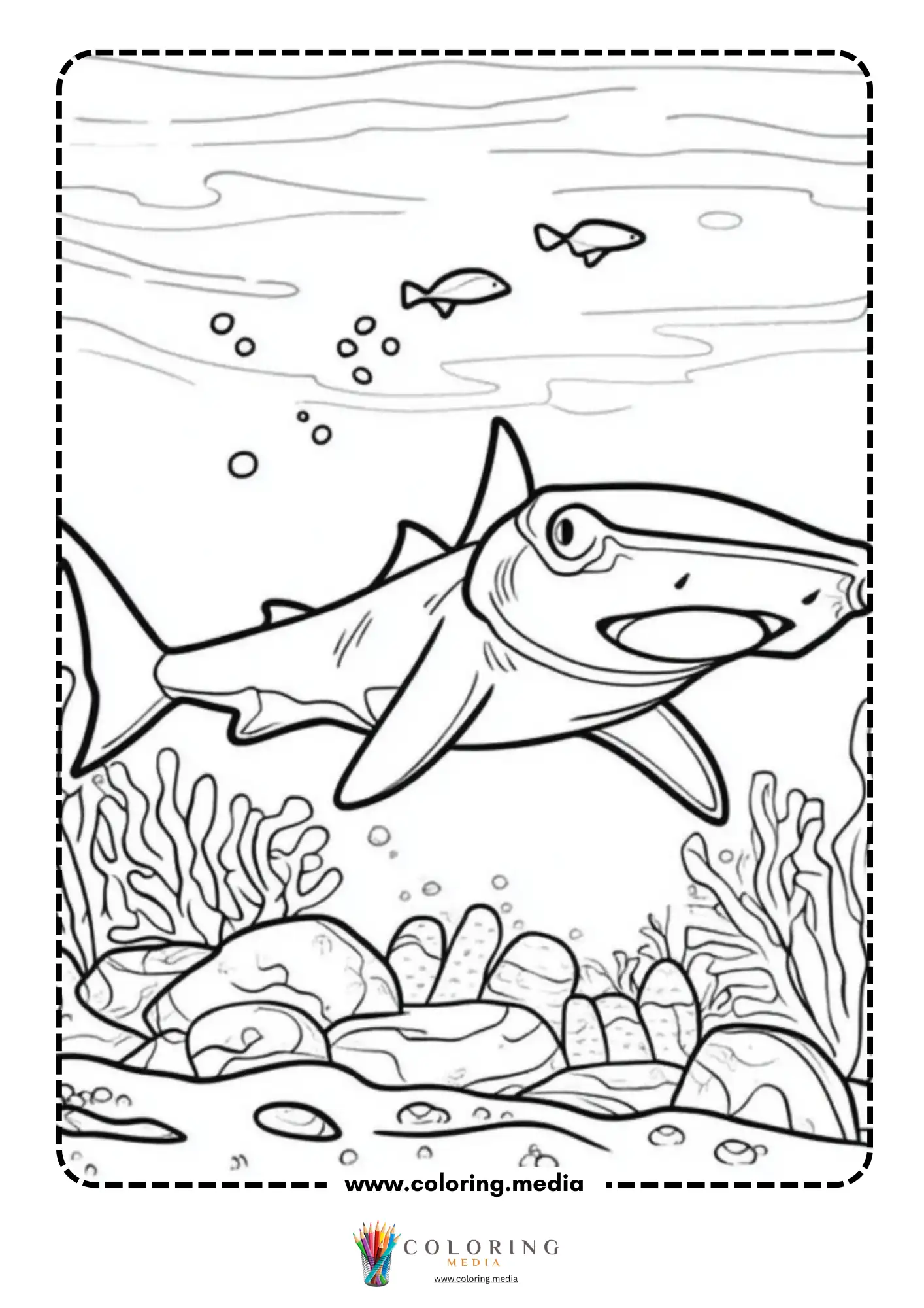 Shark swimming over coral reef floor with small fish above