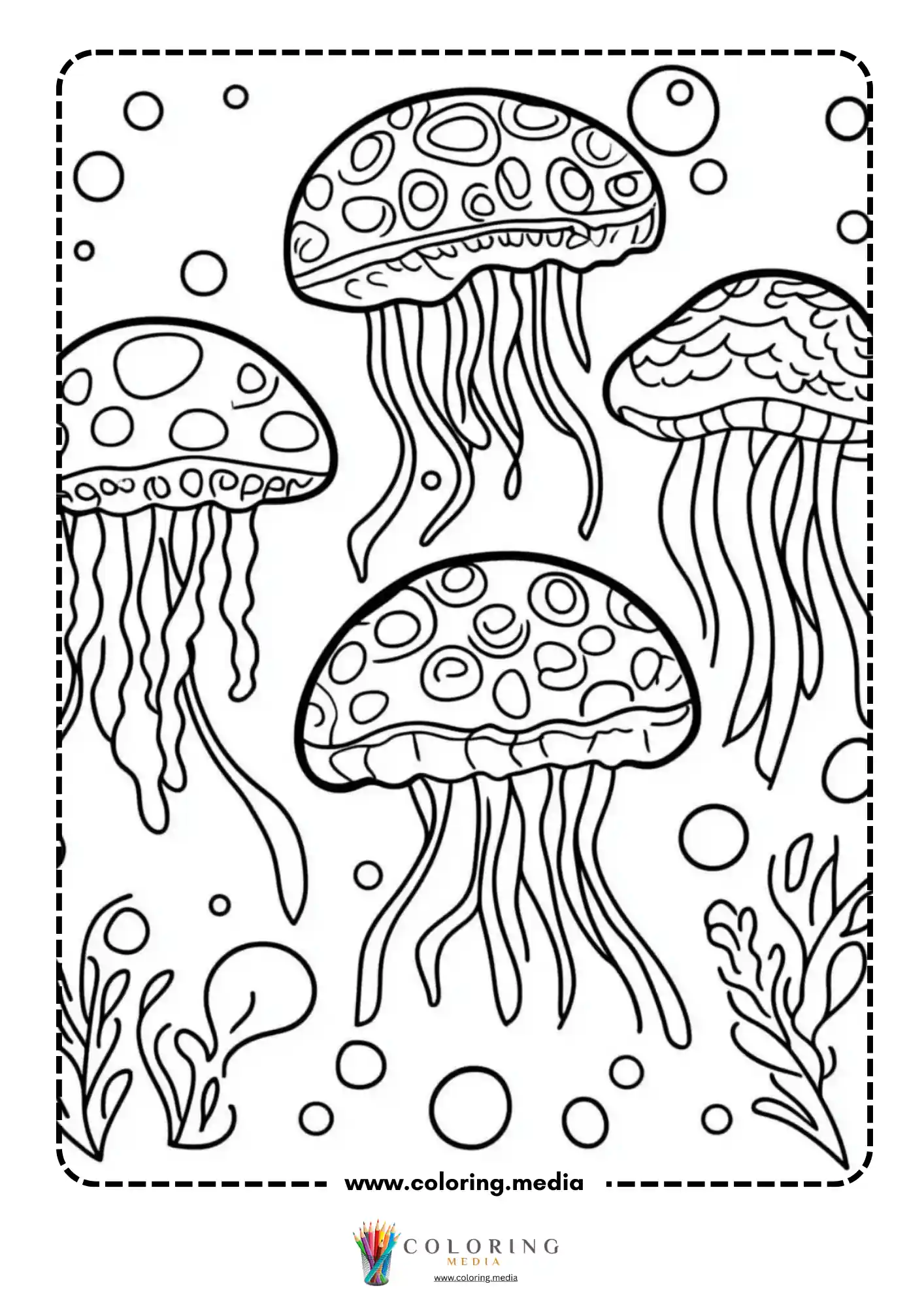 Four patterned jellyfish floating among bubbles and seaweed