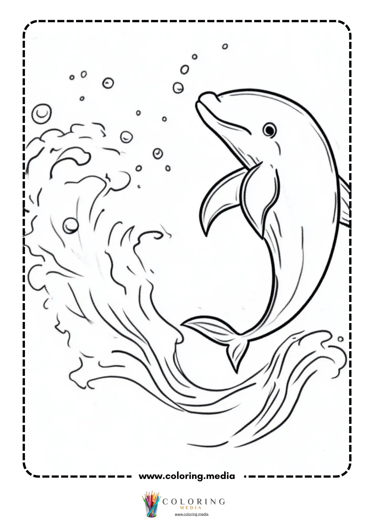 Dolphin leaping through ocean waves with bubbles