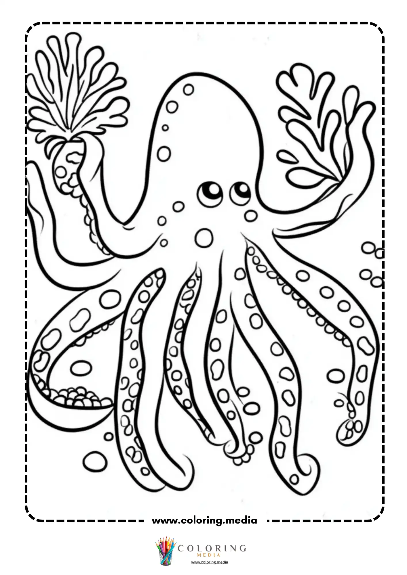 Cute octopus with spotted tentacles swimming near seaweed