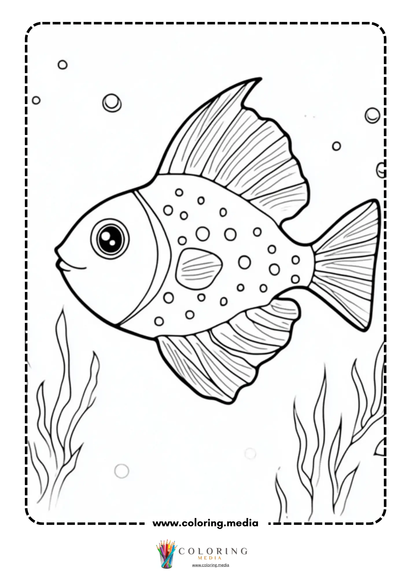 Spotted fish with large fins swimming near seaweed with bubbles