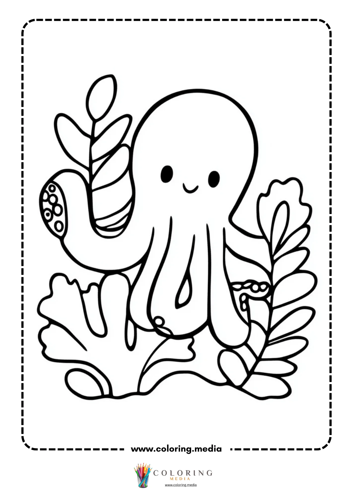 Smiling kawaii octopus sitting on coral surrounded by seaweed
