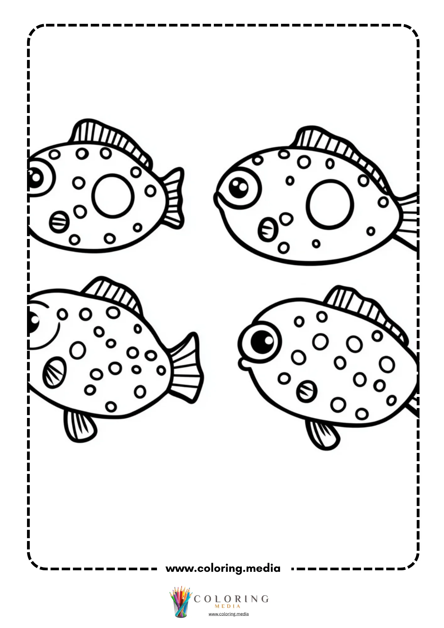 Four round spotted puffer fish arranged in two rows