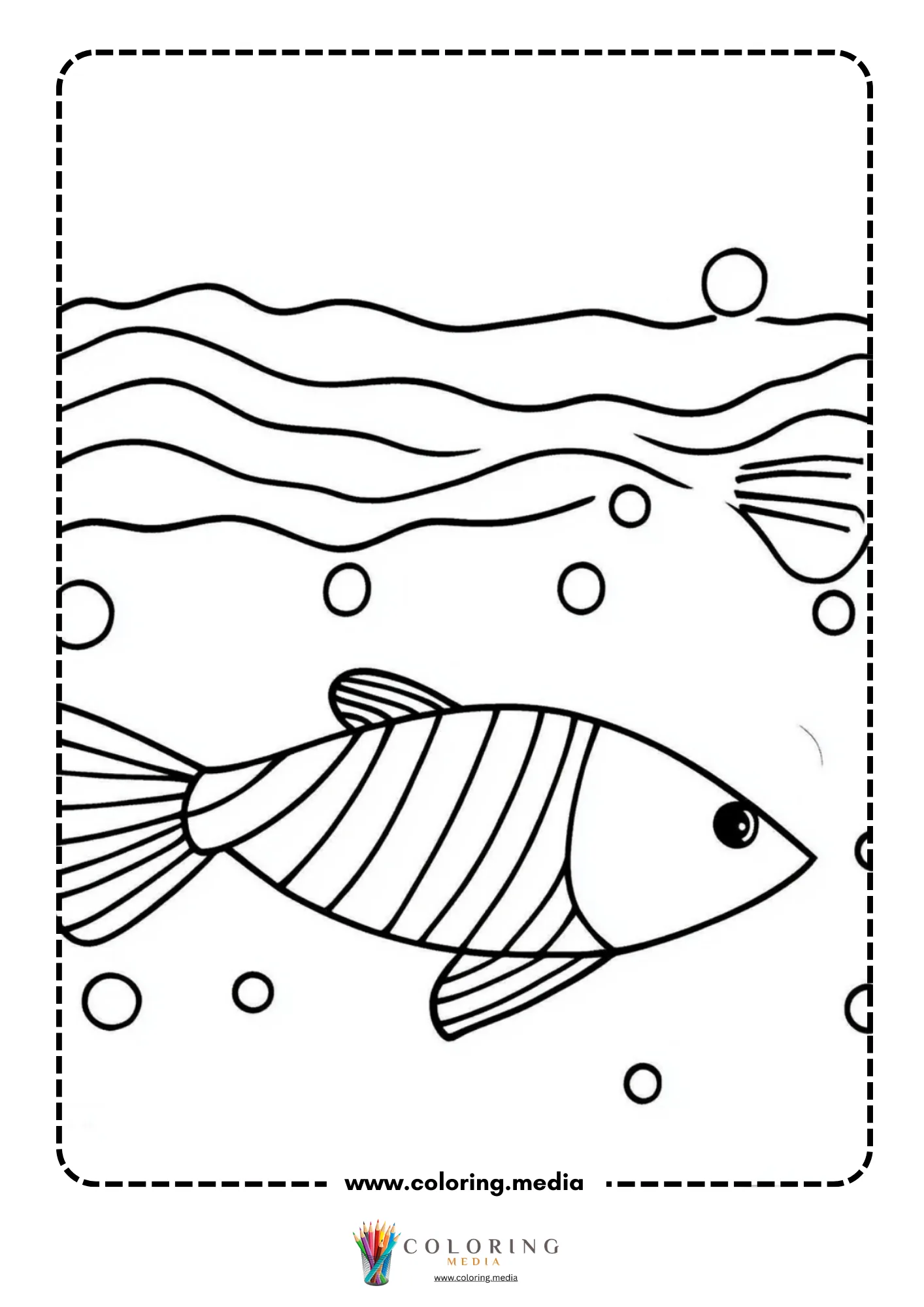 Striped fish swimming below ocean surface with bubbles