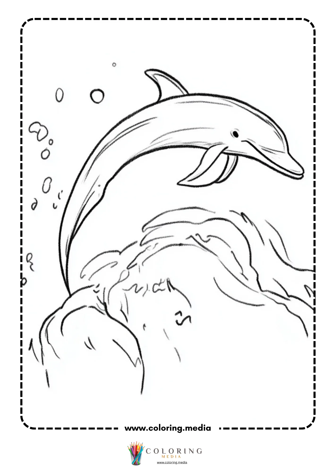 Dolphin leaping over breaking ocean wave with bubbles