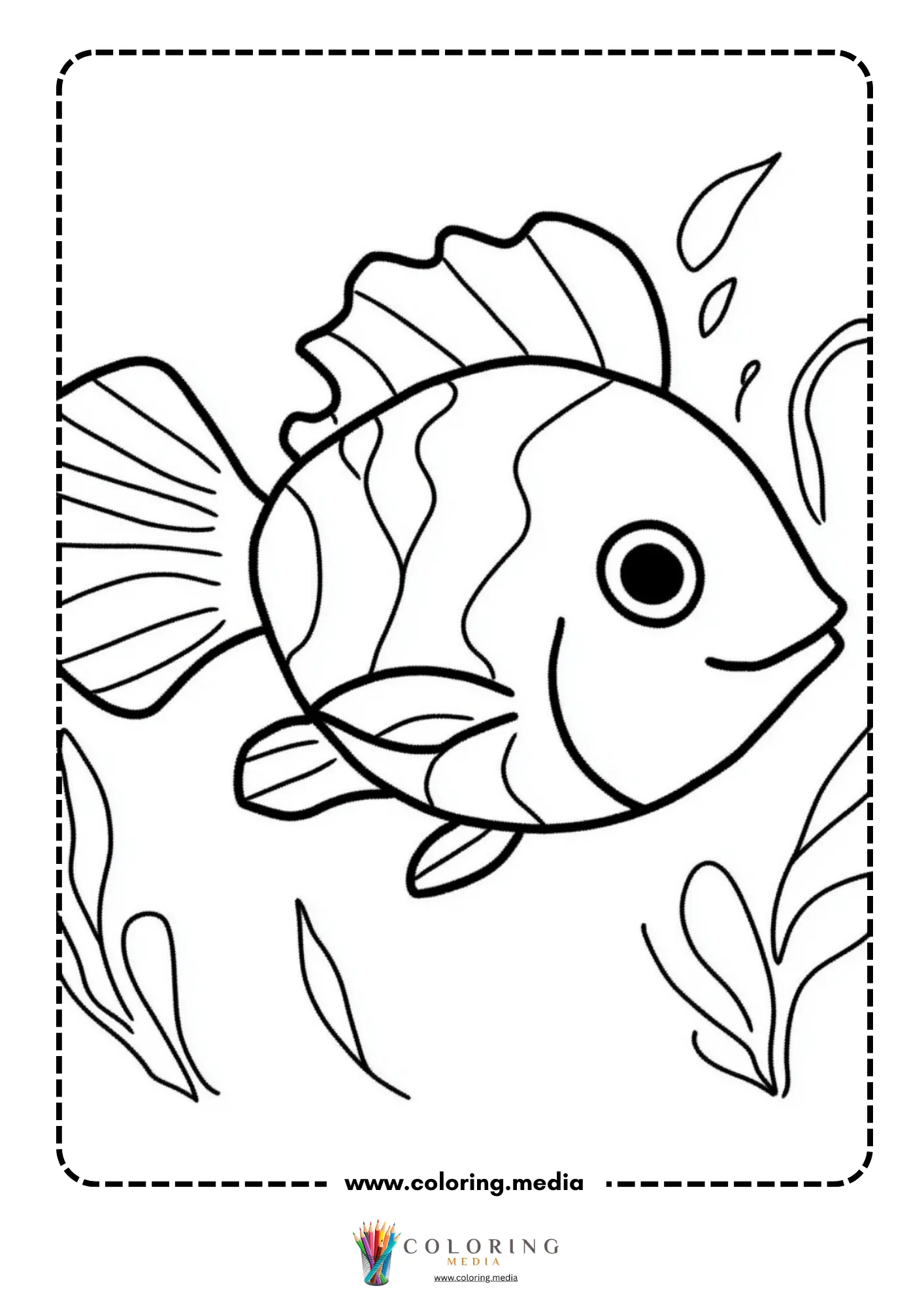 Striped clownfish swimming near seaweed with bubbles