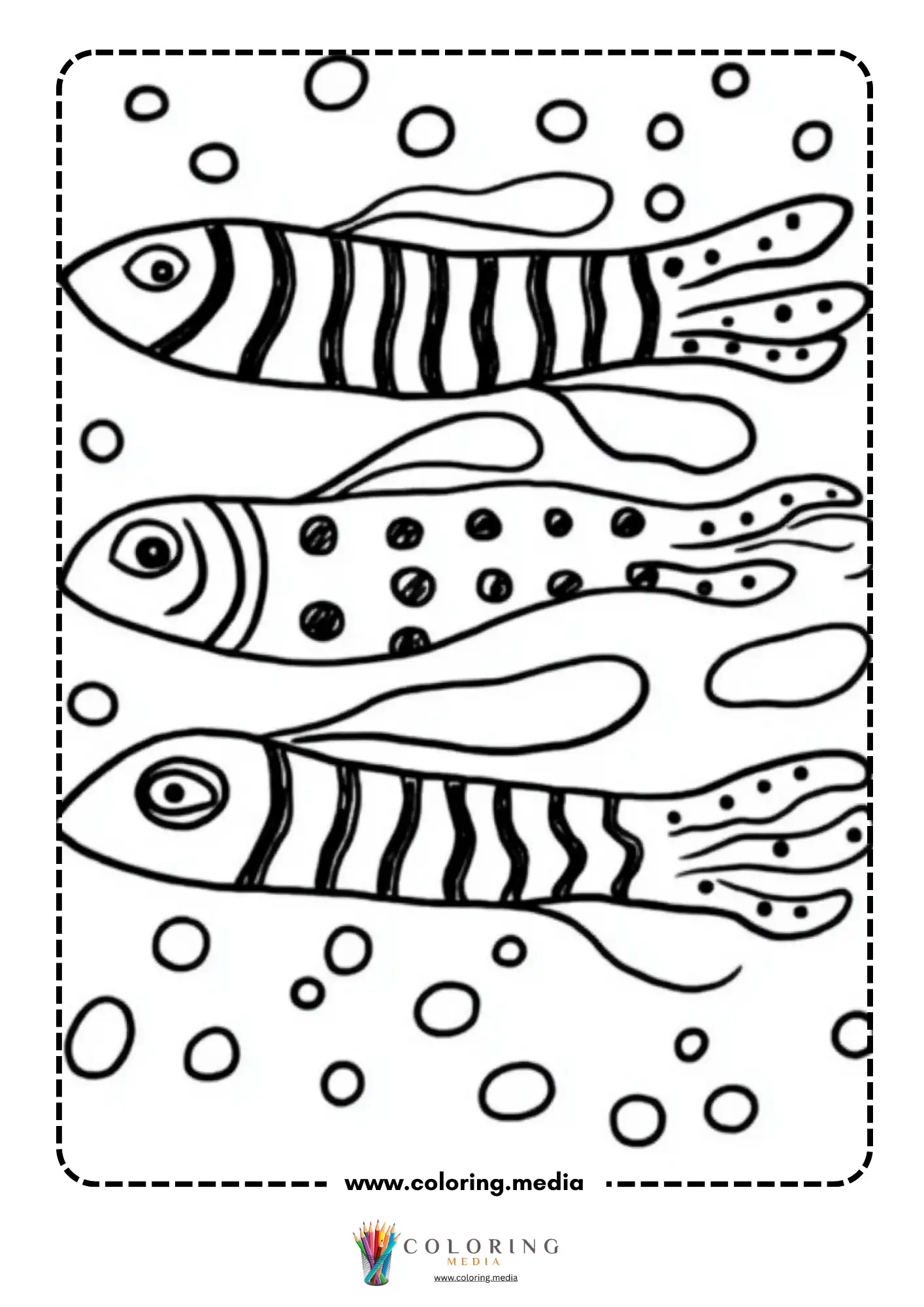 Three differently patterned fish swimming with bubbles