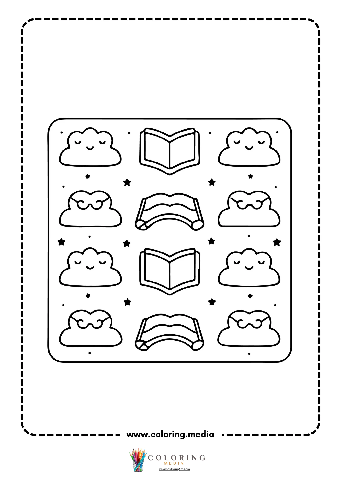 Pattern of kawaii clouds and open books with stars