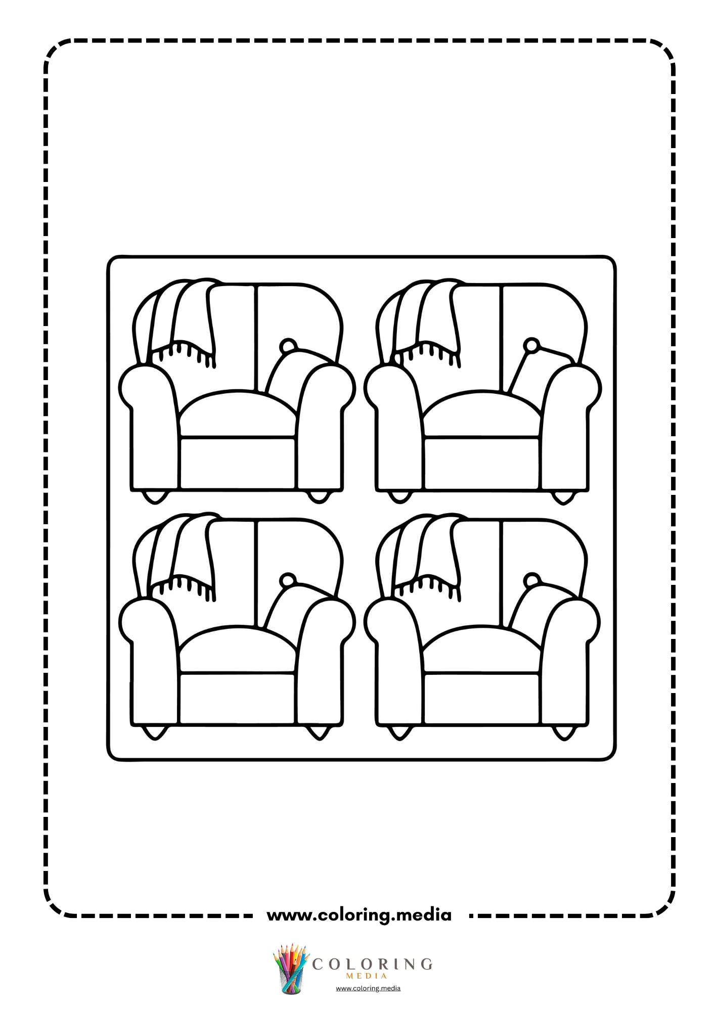 Four cozy armchairs with draped blankets in two rows