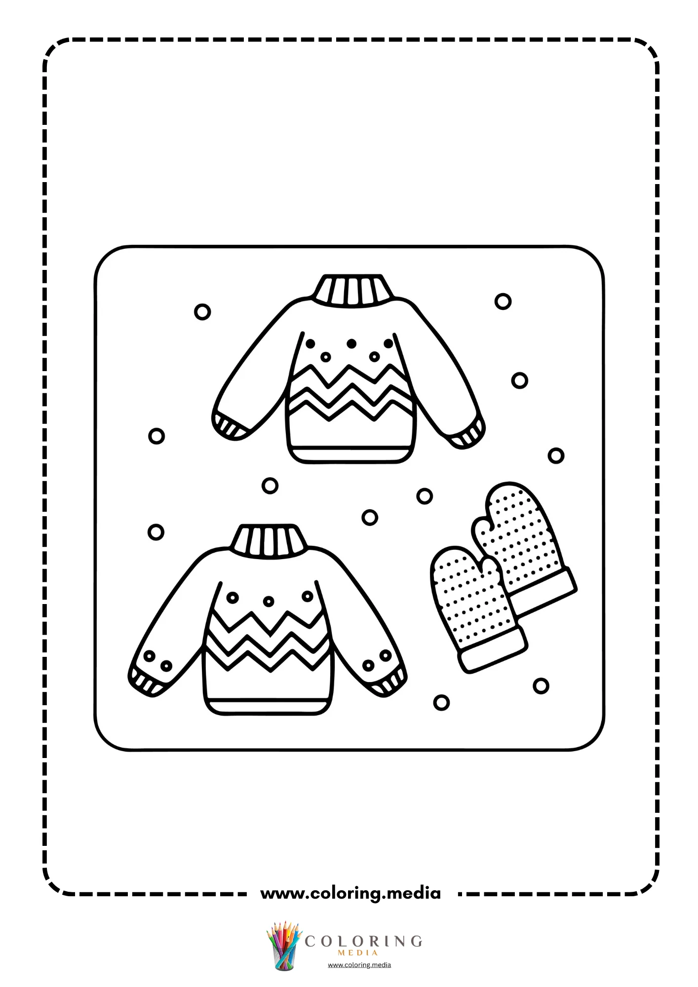 Two zigzag patterned sweaters and spotted mittens with snowflakes