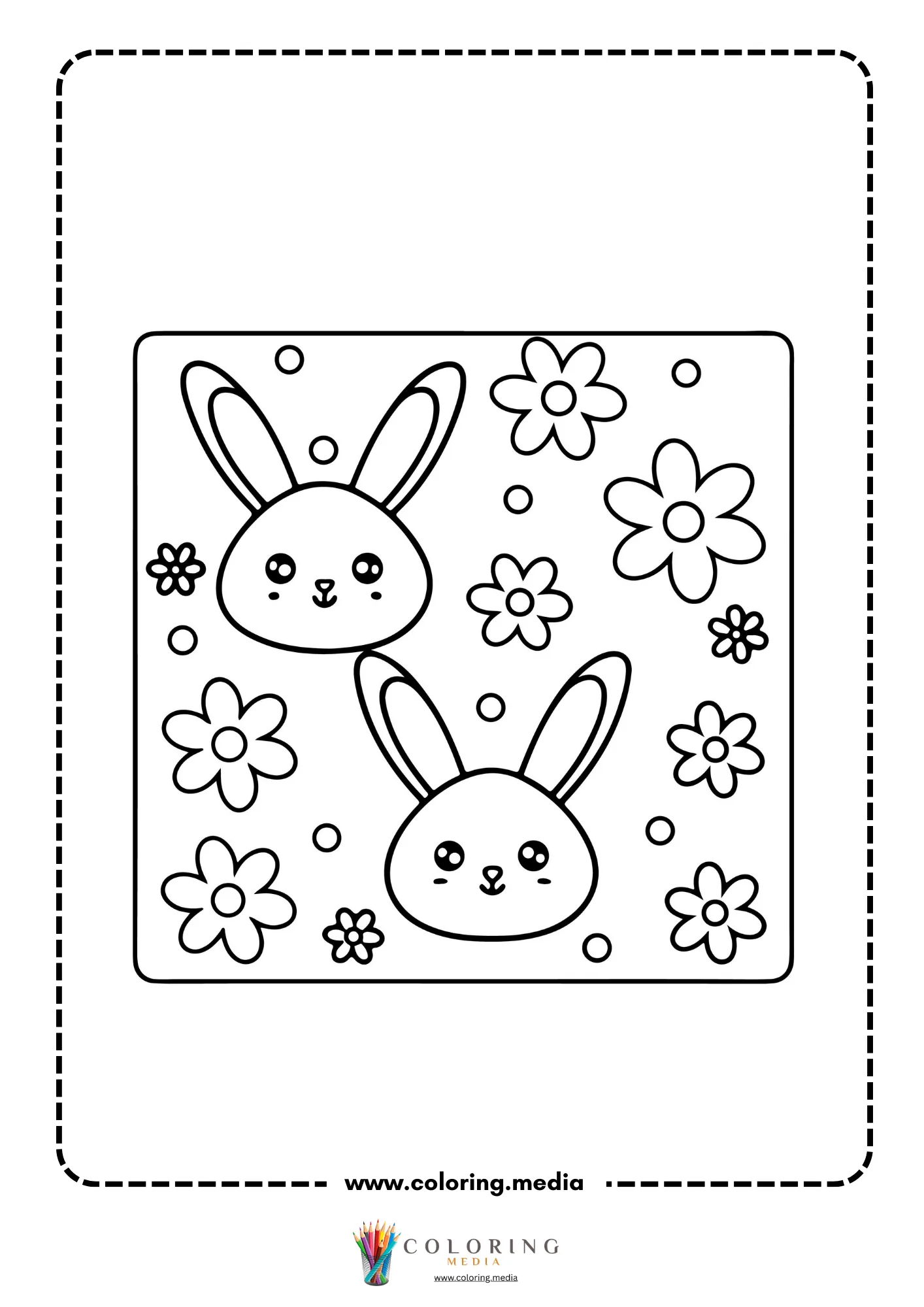 Two kawaii bunny faces surrounded by daisy flowers