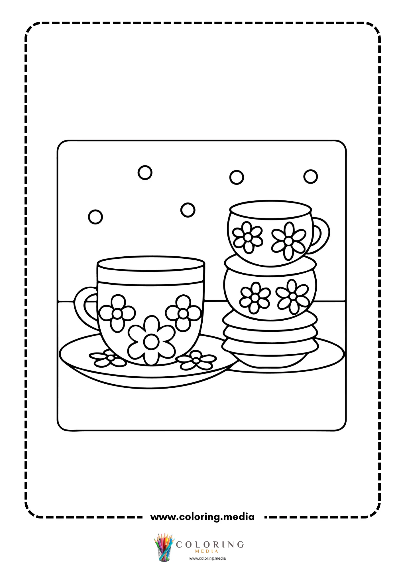 Large floral teacup on saucer beside two stacked flower teacups