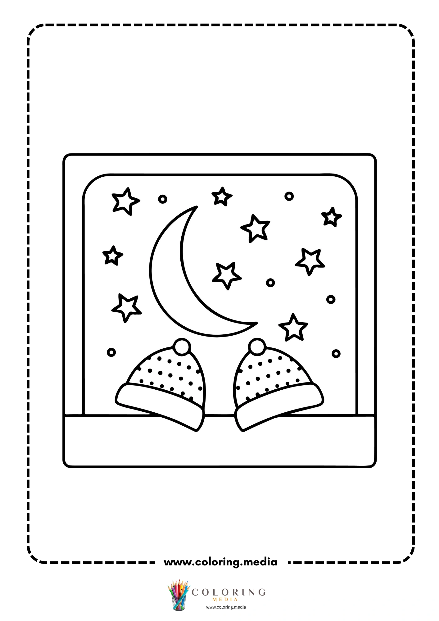Two sleeping figures in winter hats looking at moon and stars