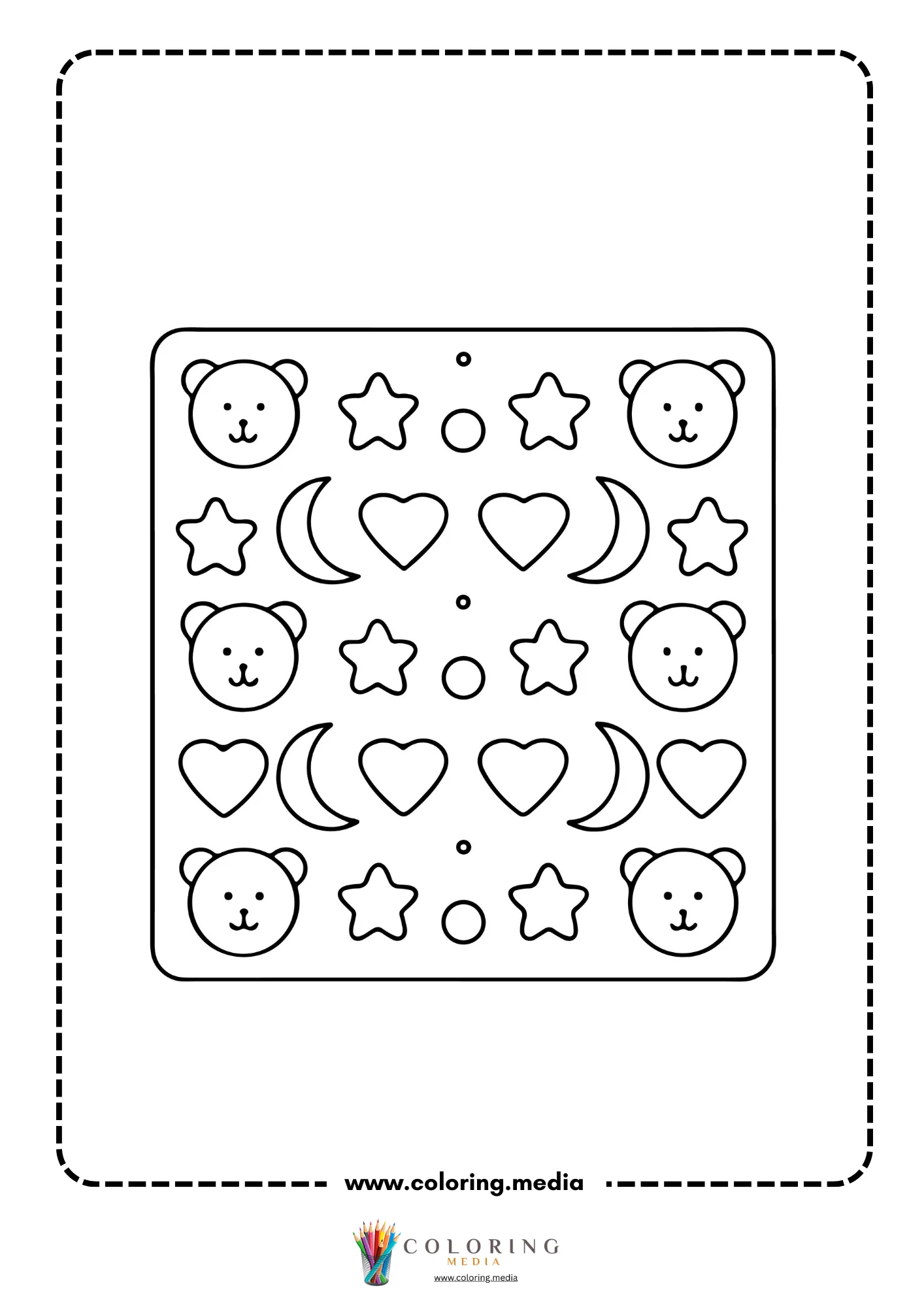 Pattern of bear faces stars hearts and moons in rows