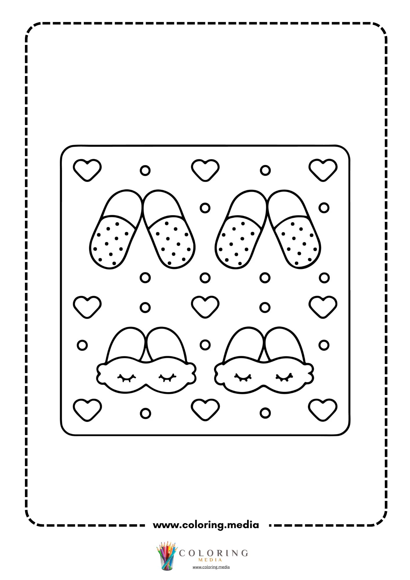 Pattern of dotted slippers and sleep masks with hearts